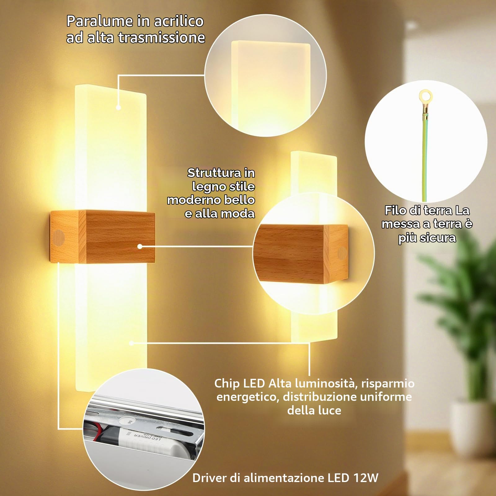 2 Applique da Parete LED per Interni 12W Luce Bianca Calda 3000K aus Acryl | guobinZH LED Moderno Lampada da Parete Up Down Illuminazione da Parete in Legno per Camera da Letto Corridoio Soggiorno Scala
