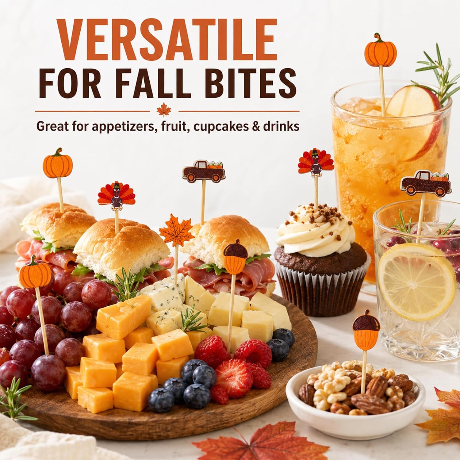 100PCS Fall Cocktail Picks, Pumpkin Maple Leaf Turkey Bamboo Toothpicks image 4
