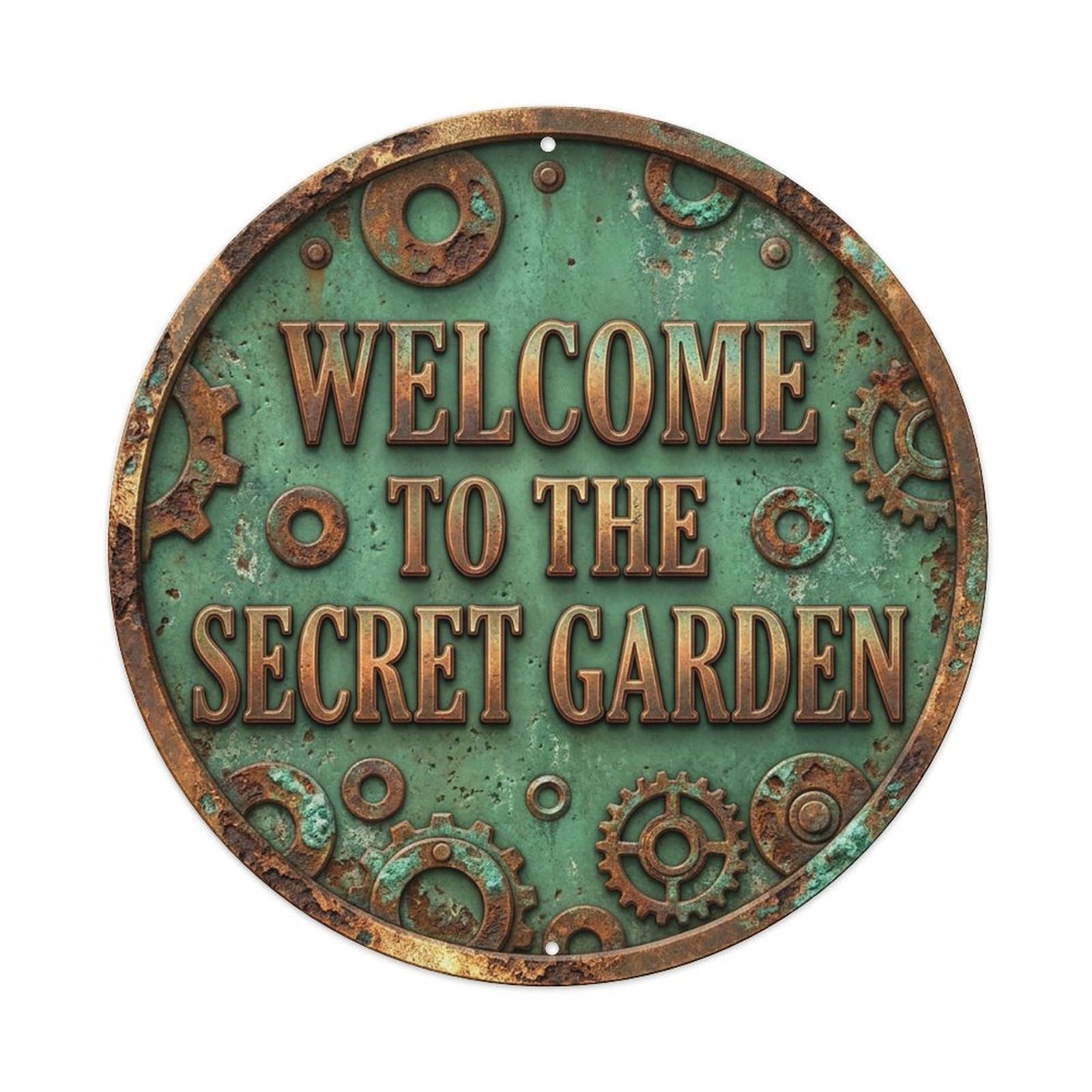 Vintage Welcome Secret Garden Bronze Jade Corroded Metal Tin Sign