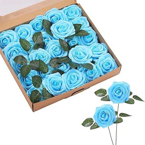 Amazon Com Asyouwish 人造花25 件真實觸感假玫瑰附莖泡棉玫瑰散裝適用於diy 婚禮花束中央擺飾派對嬰兒派對家居裝飾藍色