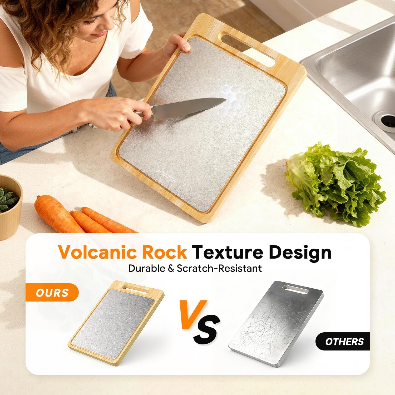 Cutting Board – Reversible Bamboo and Stainless Steel Cutting Boards for Kitchen, Bamboo Cutting Boards with Juice Groove and Handle, Versatile Board for Meat and Vegetables