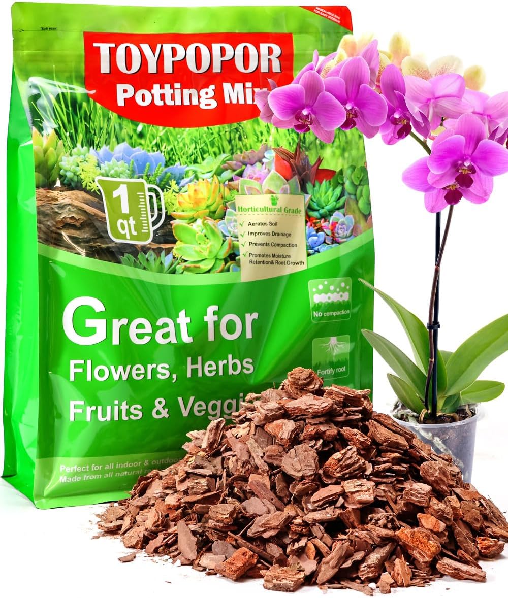 TOYPOPOR Orchid Potting Mix, Orchid Bark with Perlite, Potting Soil Medium for Plants Indoor, Pine Bark Wood Chips for Houseplant Fast Drainage, Water Retention, Air Flow and Root Ventilation 1 Quart