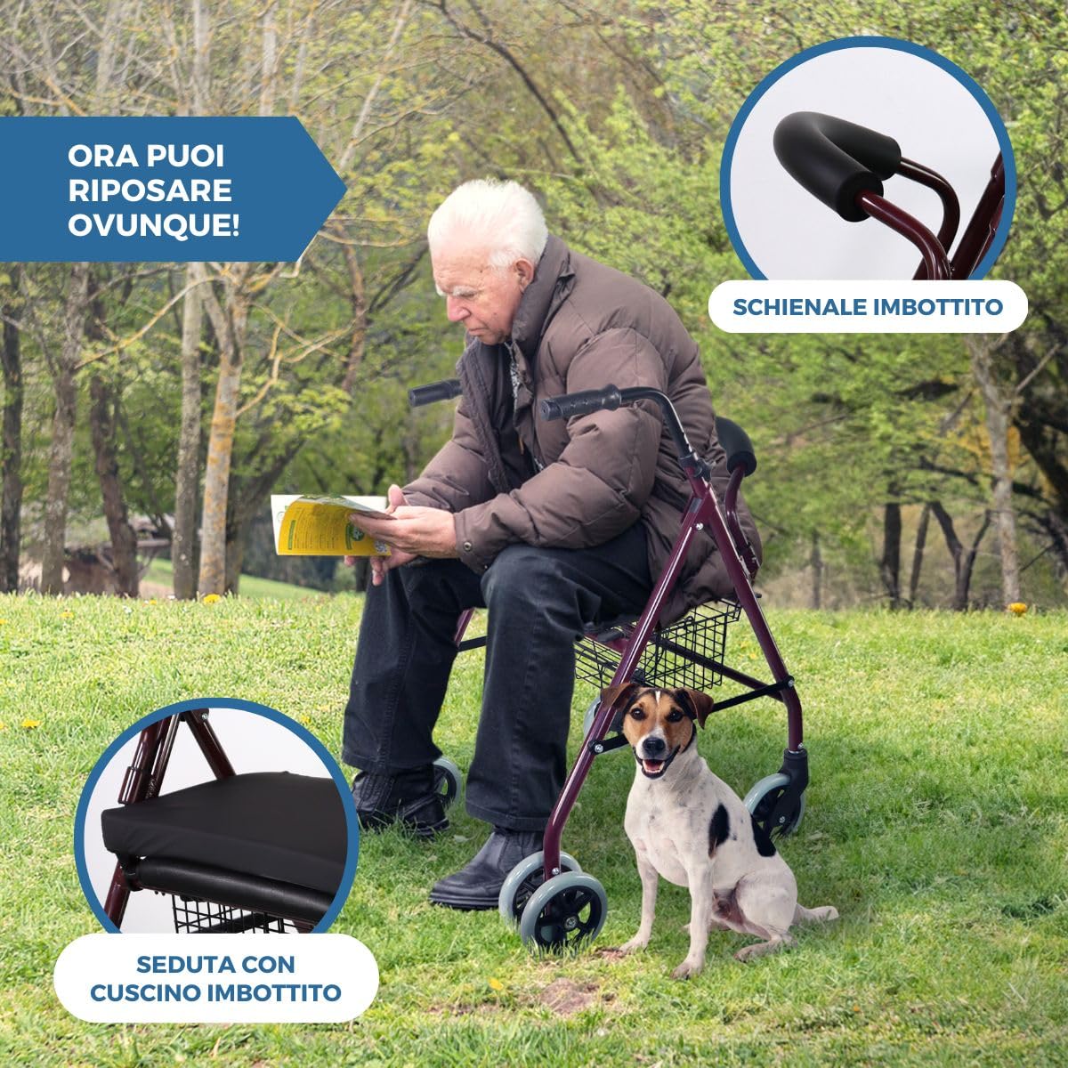 Mobiclinic, Deambulatore con cuscino in memory-foam, Prado plus freni a pressione, Alluminio, Pieghevole, Cesta, Seduta, Per, Girello anziani, Leggero, 4 ruote, Bordeaux