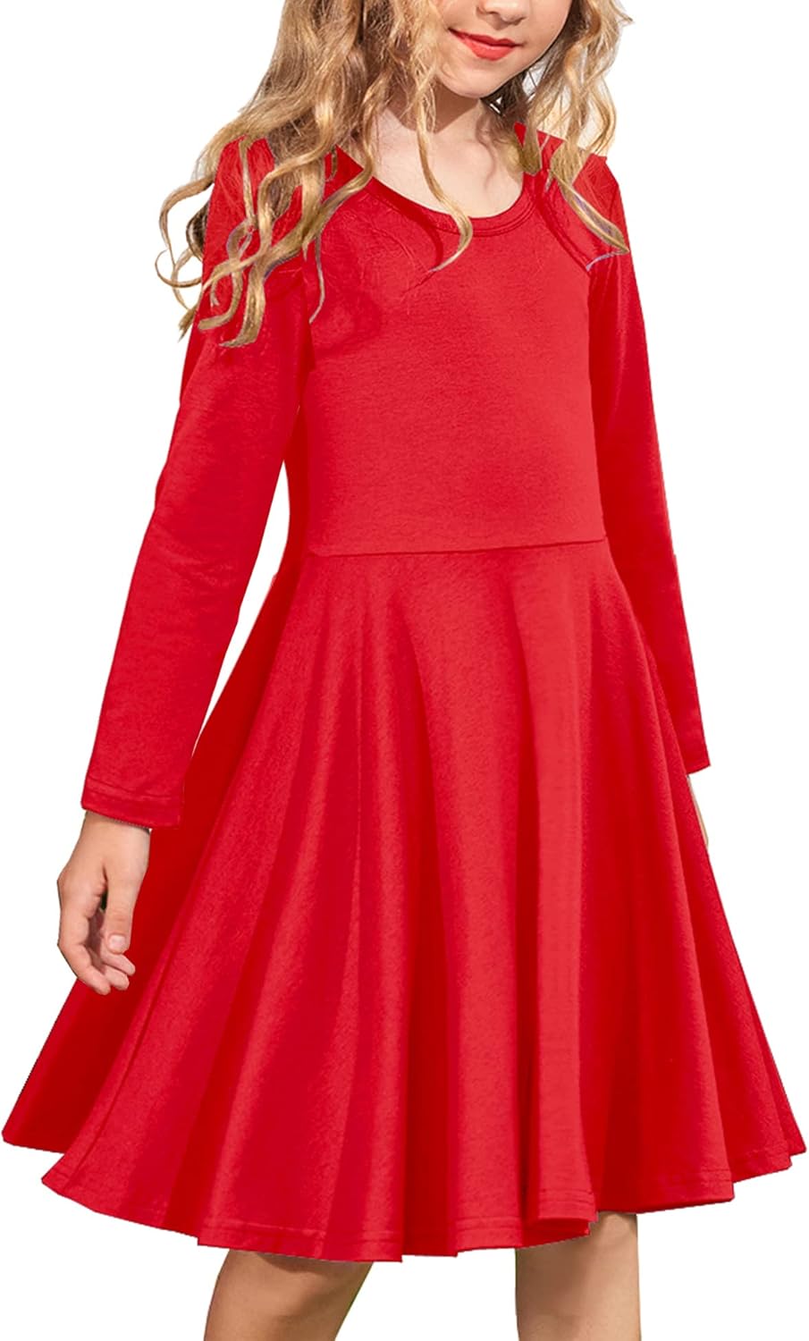 Arshiner Girls Long Sleeve Stretchy Dress A line Twirly Skater School Party Dress