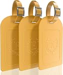 Alphabet Luggage Tags, 3 Pack Yellow Initial Bag Tags with Privacy Cover & Replaceable ID Card, Faux Leather Suitcase Tags for Travel, Flights & Cruises