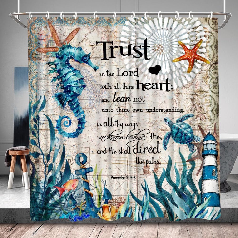 Green Sea Turtle Seahorse Shower Curtain Marine Life Ocean Animal Nautical Coastal Beach Theme Inspirational Quote Motivational Words Coral Reef Seaweed Funny Bathroom Set with Hooks 84Wx70H Inch