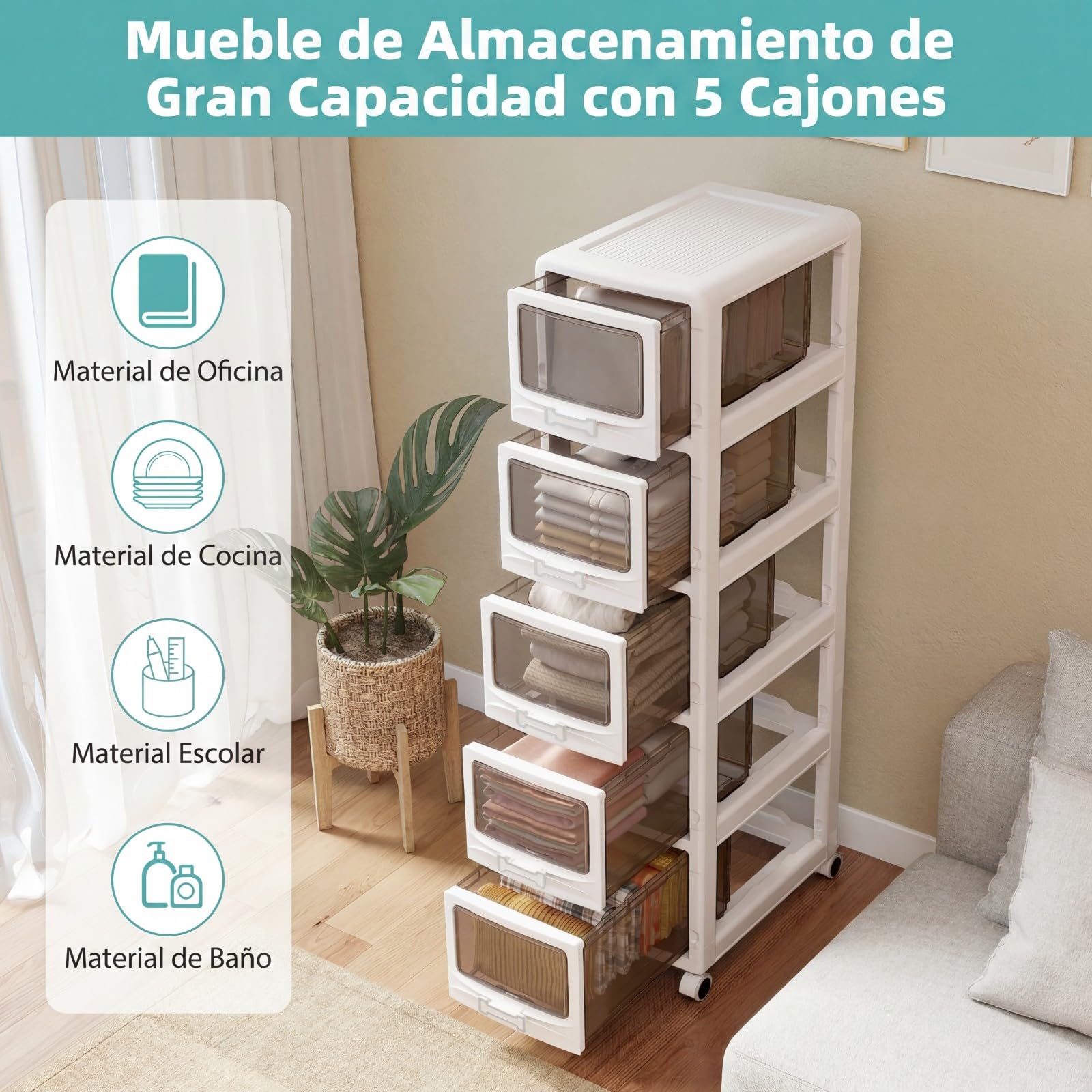 COSTWAY Cajas Almacenaje Plástico, Cajas de Almacenamiento de 3/4/5 Niveles con Ruedas Bloqueables, Cajones Transparentes con Asas, Carrito Multiusos para Salones Oficinas Domitorios Blanco (3)