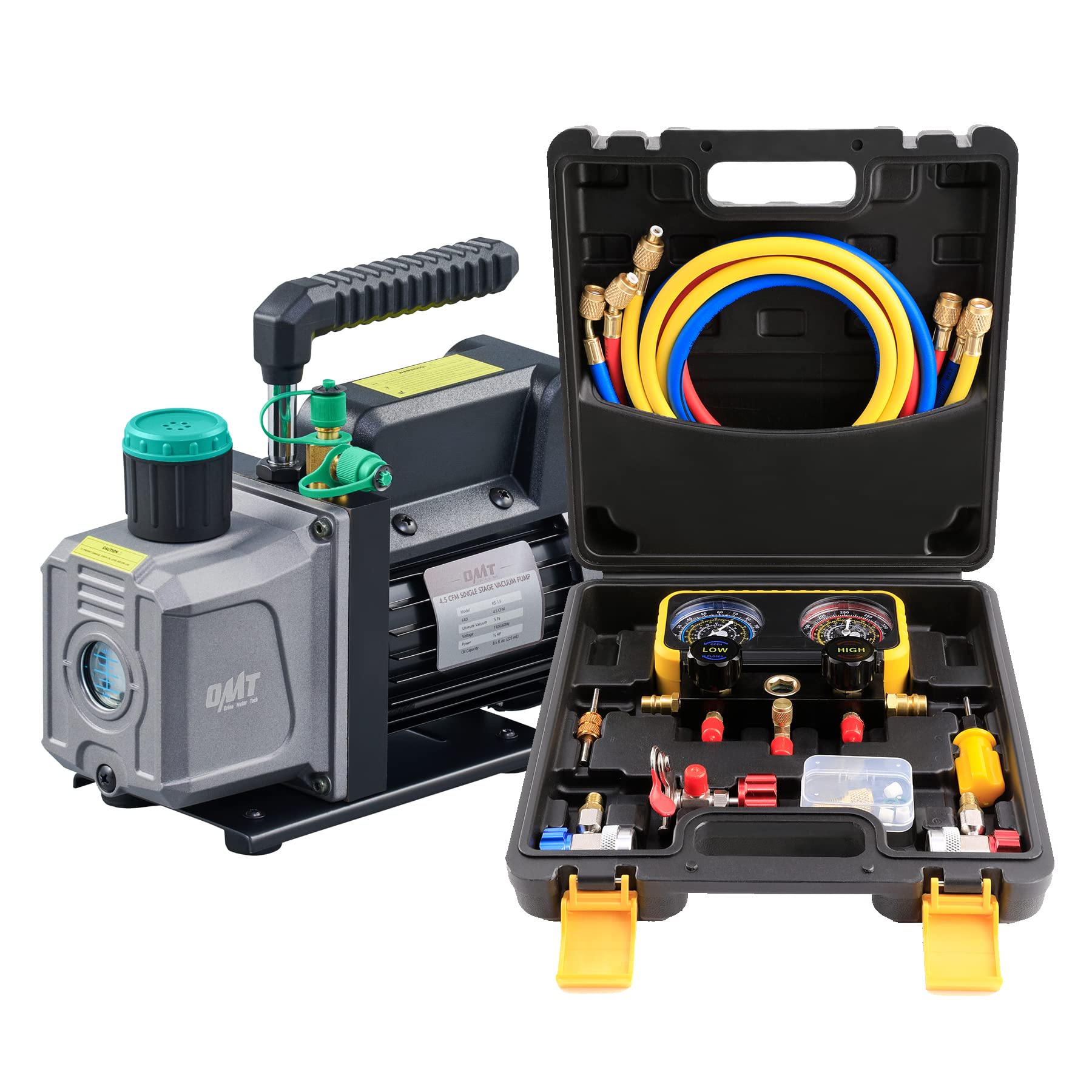Orion Motor Tech 4.5cfm 1 Stage HVAC Vacuum Pump for R12 R22 R134a R410a Systems & AC Manifold Gauge Set for R134a R12 R22 R502 Refrigerants, Bundle