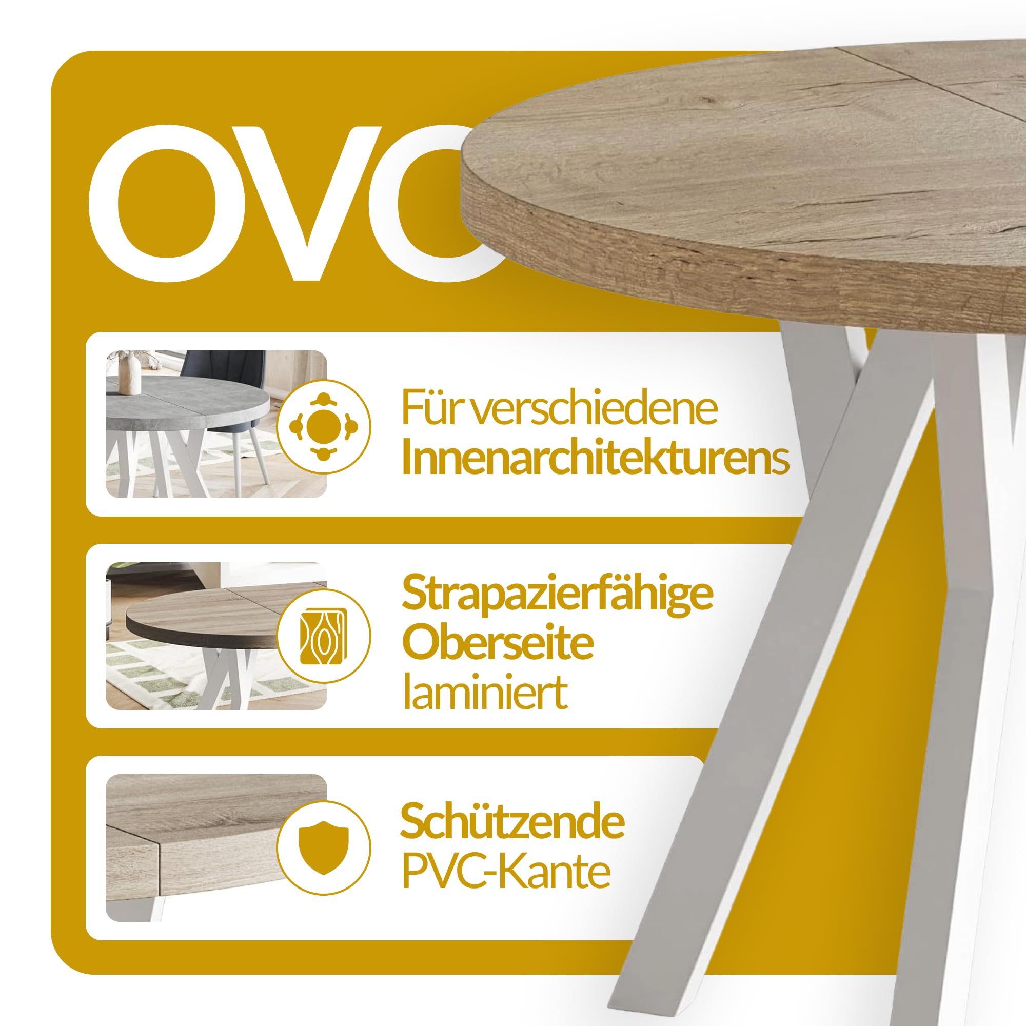 Runder Esstisch ausziehbar – Moderner Wohnzimmertisch und Küchentisch – Tisch mit Stabile Konstruktion, Durchmesser 120 cm - 220 cm - Farbe Lancelot - Kollektion OVO