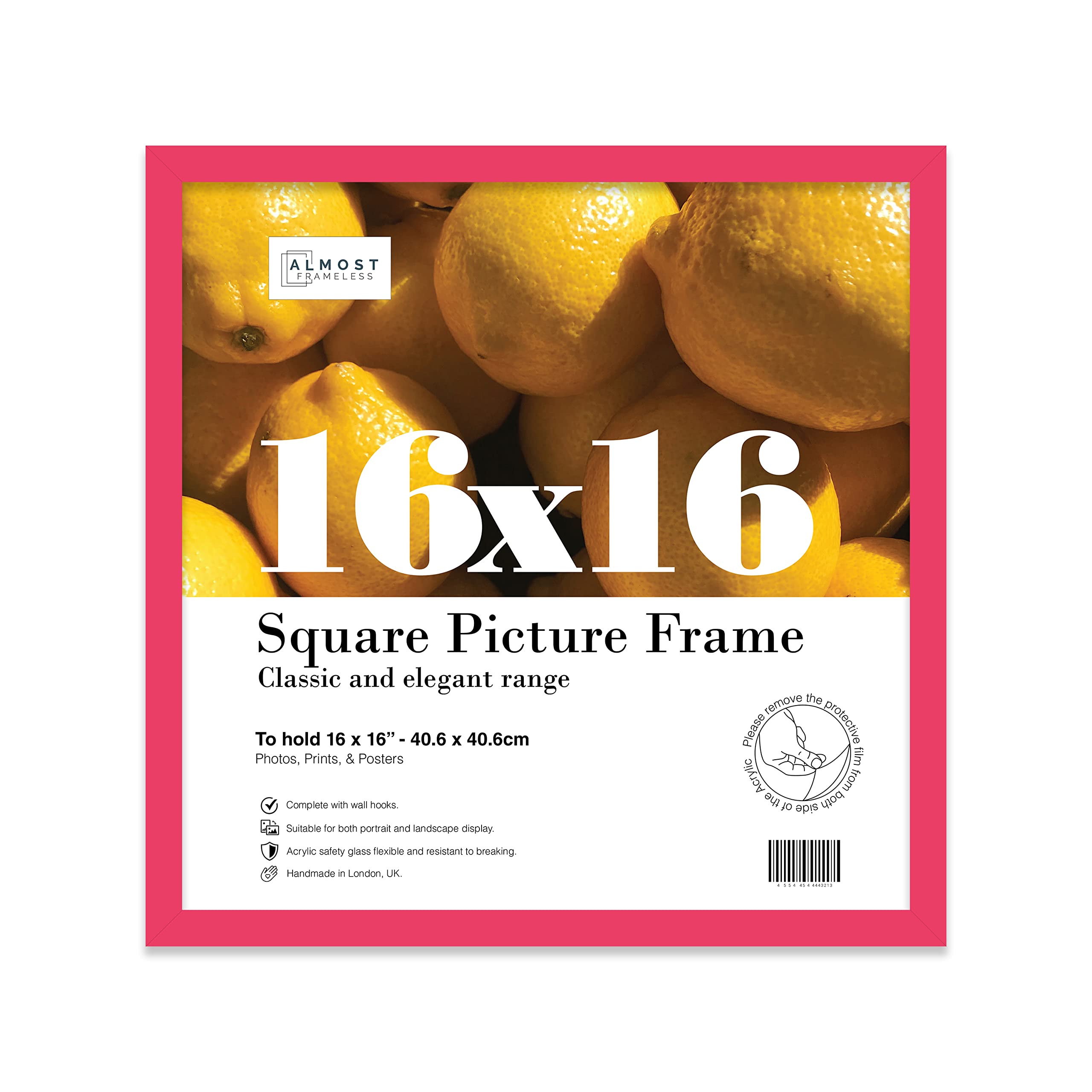 Almost Frameless 16x16 Bright Pink Picture Frame 16"x16"(40.6x40.6cm) Poster, Photo, Artwork, or Print. Thin Edge Slim Frame Portrait and Landscape Display with Wall Hooks