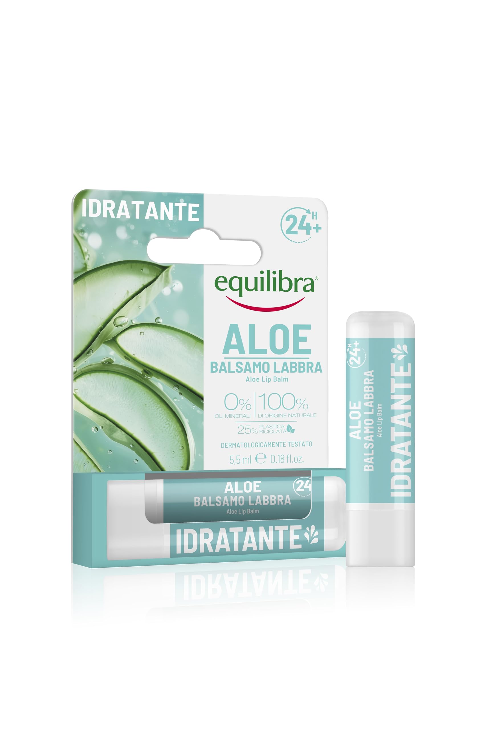 Equilibra, Aloe Balsamo Labbra, con Aloe Vera, Olio di Jojoba e Vitamina E, azione Idratante, Per labbra meno secche e screpolate, Delicatamente Profumato, 5,5 ml