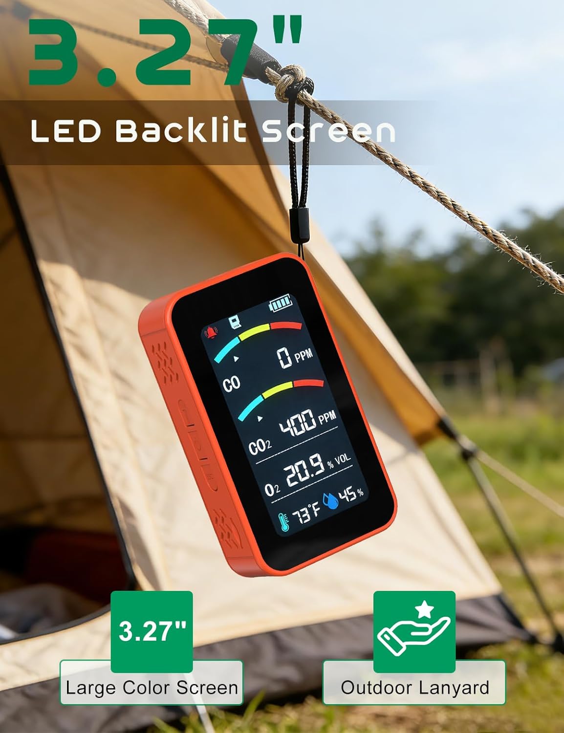 Oxygen Detector, SQECH 7-in-1 Rechargeable Oxygen Monitor Measures CO/CO2/O2/Temperature/Humidity, with Flashlight & SD Card, Oxygen Meter with Alarm & 3.27" Display, for Home, Camping, RV, Travel