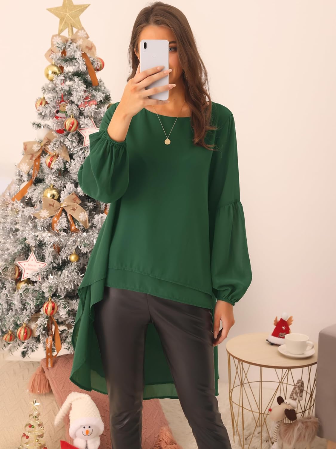 Seta T Women's High Low Tops Lantern Long Sleeve Round Neck Dressy Casual Chiffon Asymmetrical Tops Blouse - Image 2