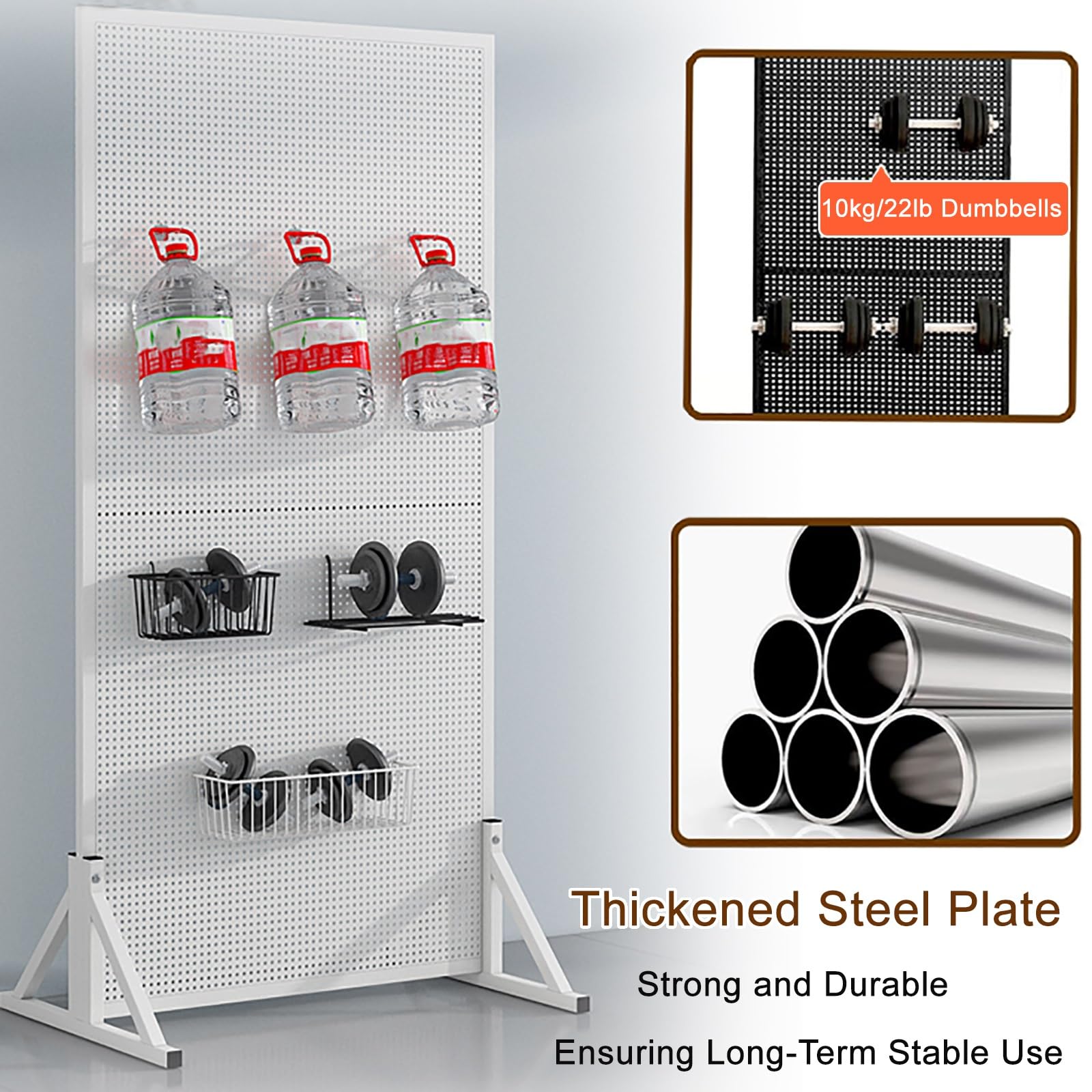 Stehendes Stecktafel-Display mit Lenkrollen und 20 Haken, Pegboard-Displayständer aus Metall, Verdickte Werkzeugwand Platte aus Kaltgewalztem Stahl(White,60x120cm/24x47in)