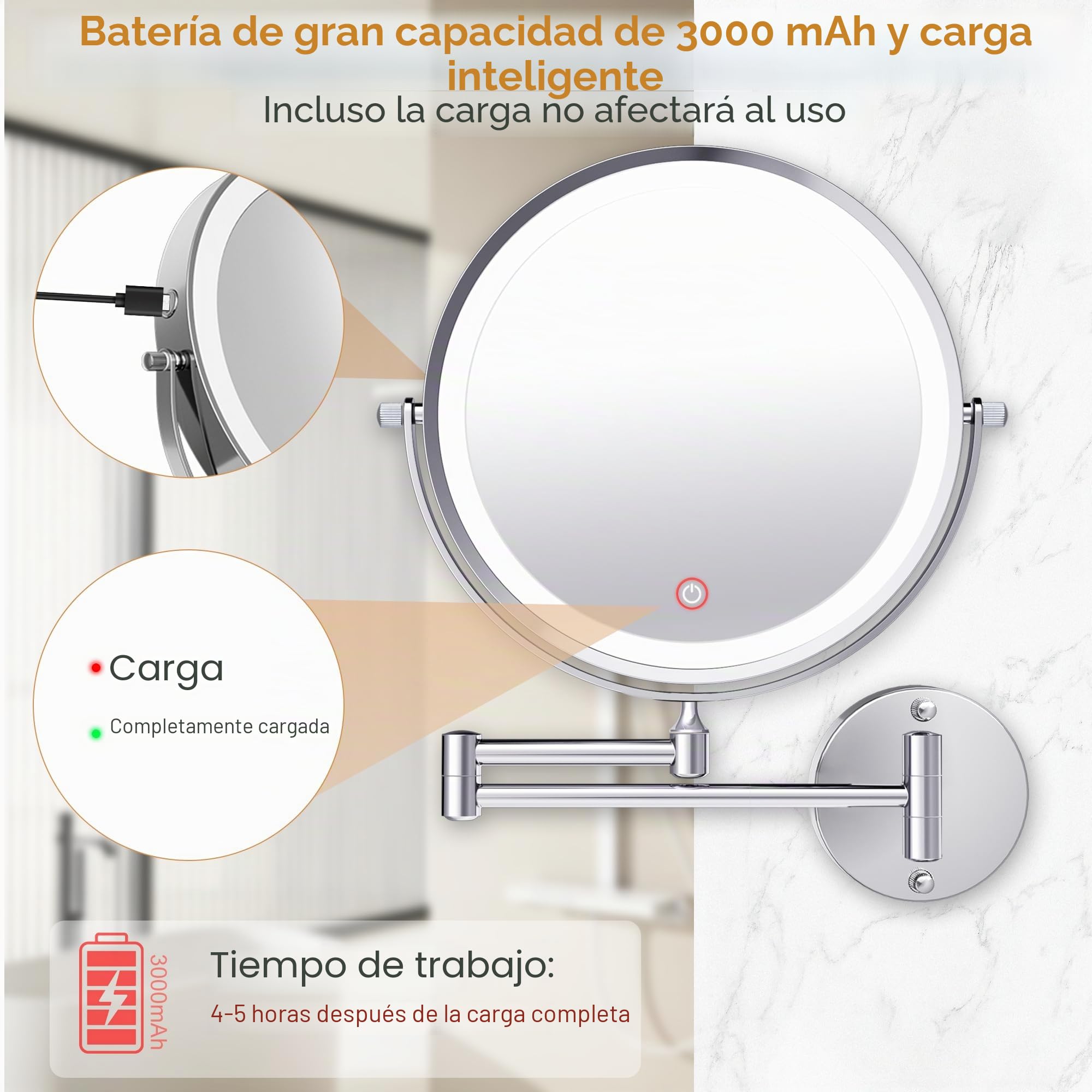 Espejo de tocador grande recargable iluminado de 9 pulgadas montado en la pared, espejo de aumento 1X/10X con luz para baño, espejo cromado montado en la pared con brazo oscilante con 3 luces de color
