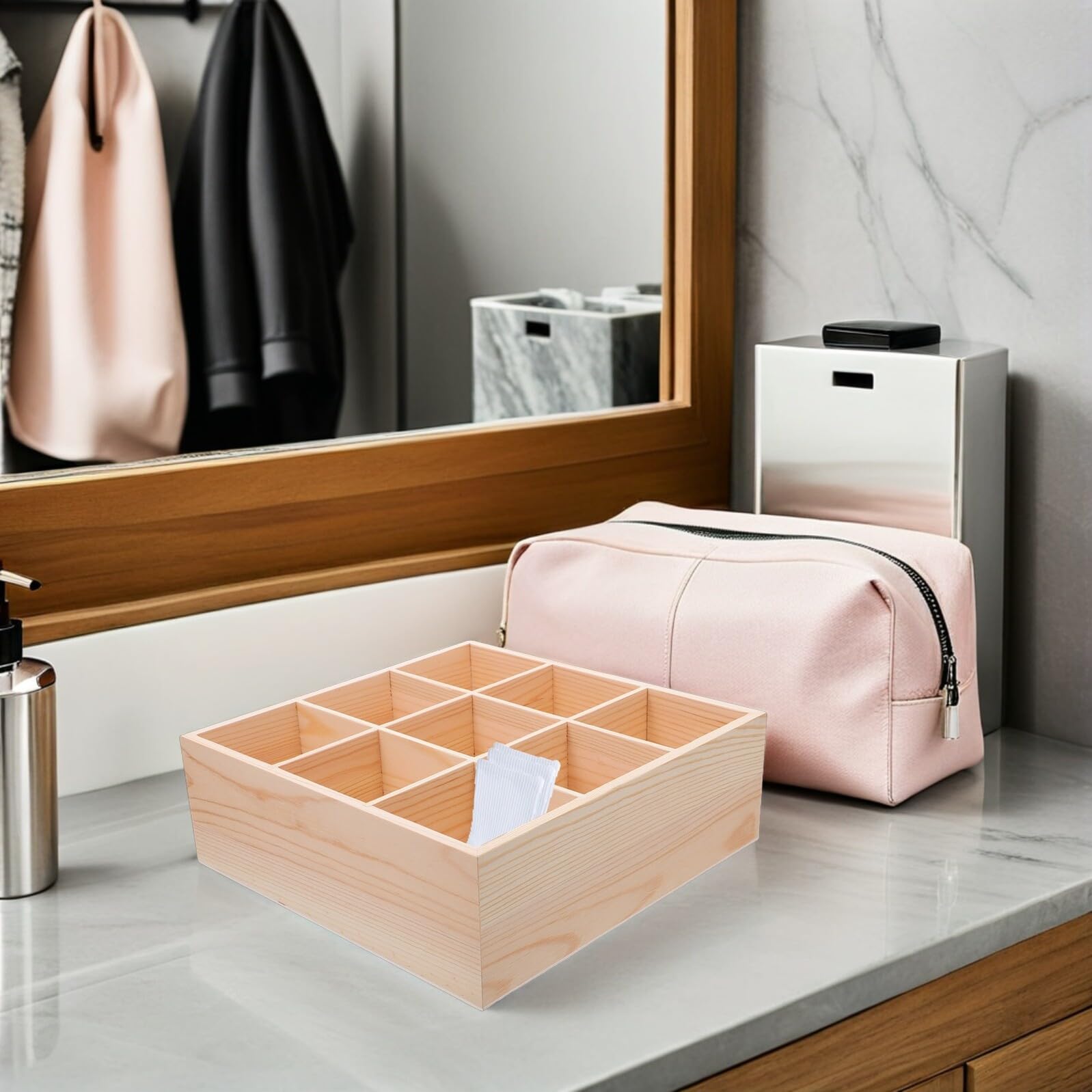 Holz-Trennbox mit 9 Fächern, 8 cm hoch, für Schubladen und Schreibtische, Aufbewahrungsbehälter für Schmuck, Tee, Bastelbedarf, Zuhause und Büro