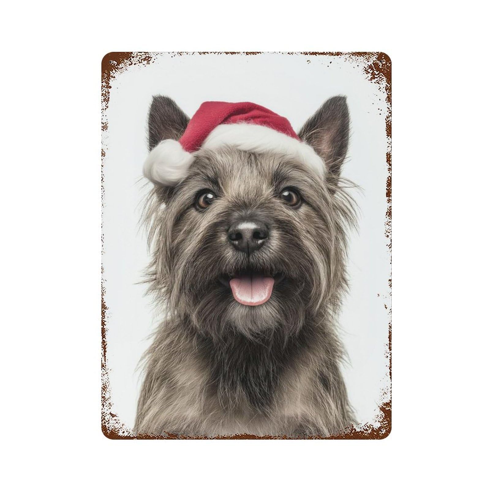 Cairn Terrier Dog with Santa Hat Portrait Decorative Tin Sign 15.7"x11.8", for Bistro, Counter And Cafe Decor, Retro Wall Decor