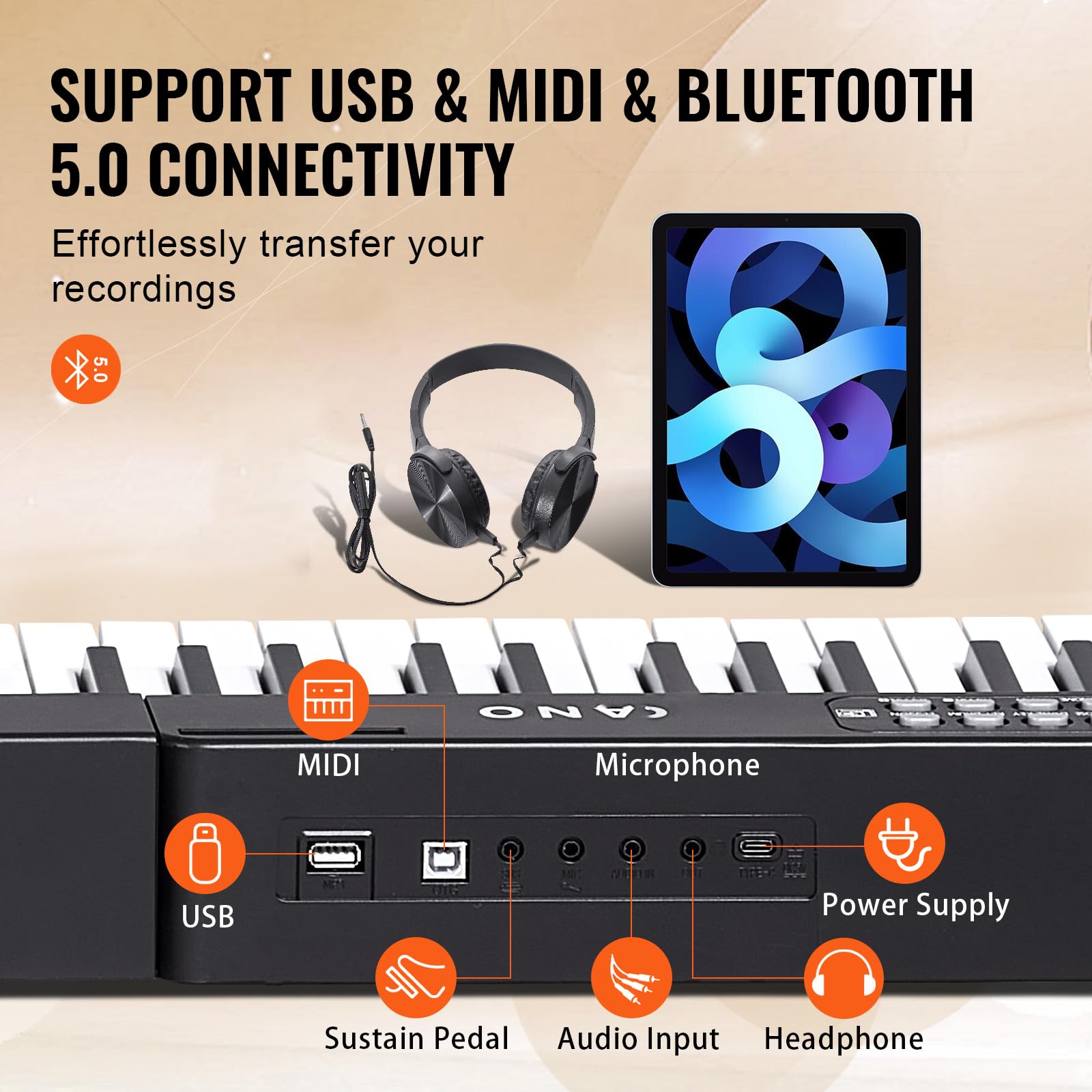 VEVOR Digitales Klavier mit 88 Tasten, halbgewichtete Tasten, Klavierset mit verstellbarem Ständer, integrierten Lautsprechern, Sustain-Pedal, Kopfhörern, Bluetooth, MIDI, USB für Anfänger