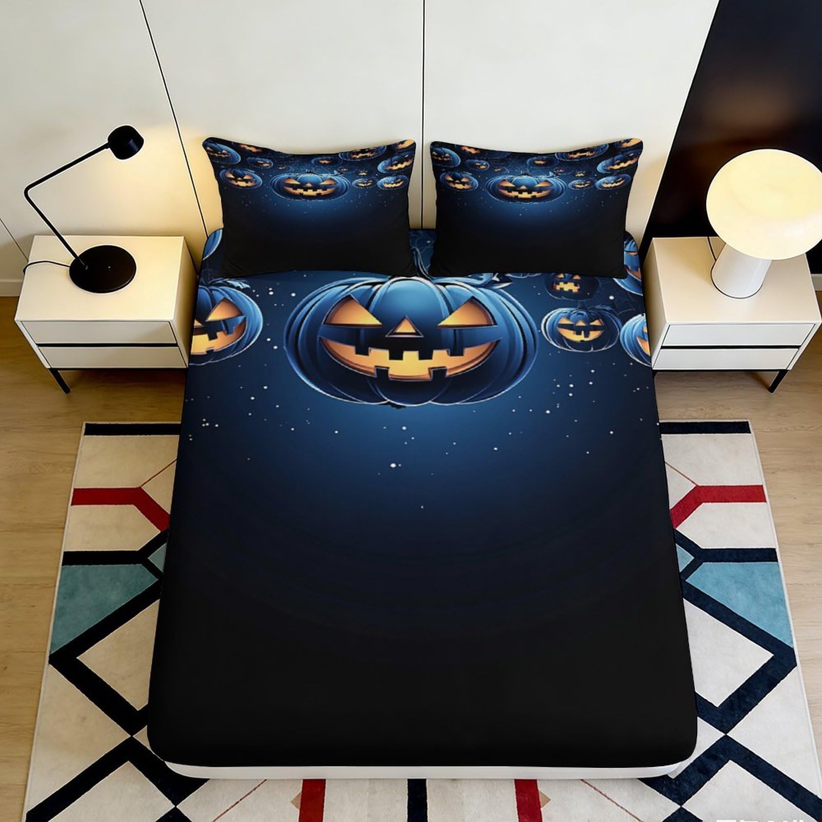 3D Printed Halloween Pumpkin Fitted Sheet Microfiber Elastic Hem Non-Slip Home Bedding Pumpkin Mattress Fitted Cover 90x200x25cm