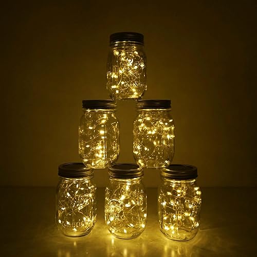 Miniatura 10 de Decorman Luces solares para tapa de tarro de masón, paquete de 6 unidades, 10 luces LED impermeables con diseño de estrella de hadas y luciérnaga,