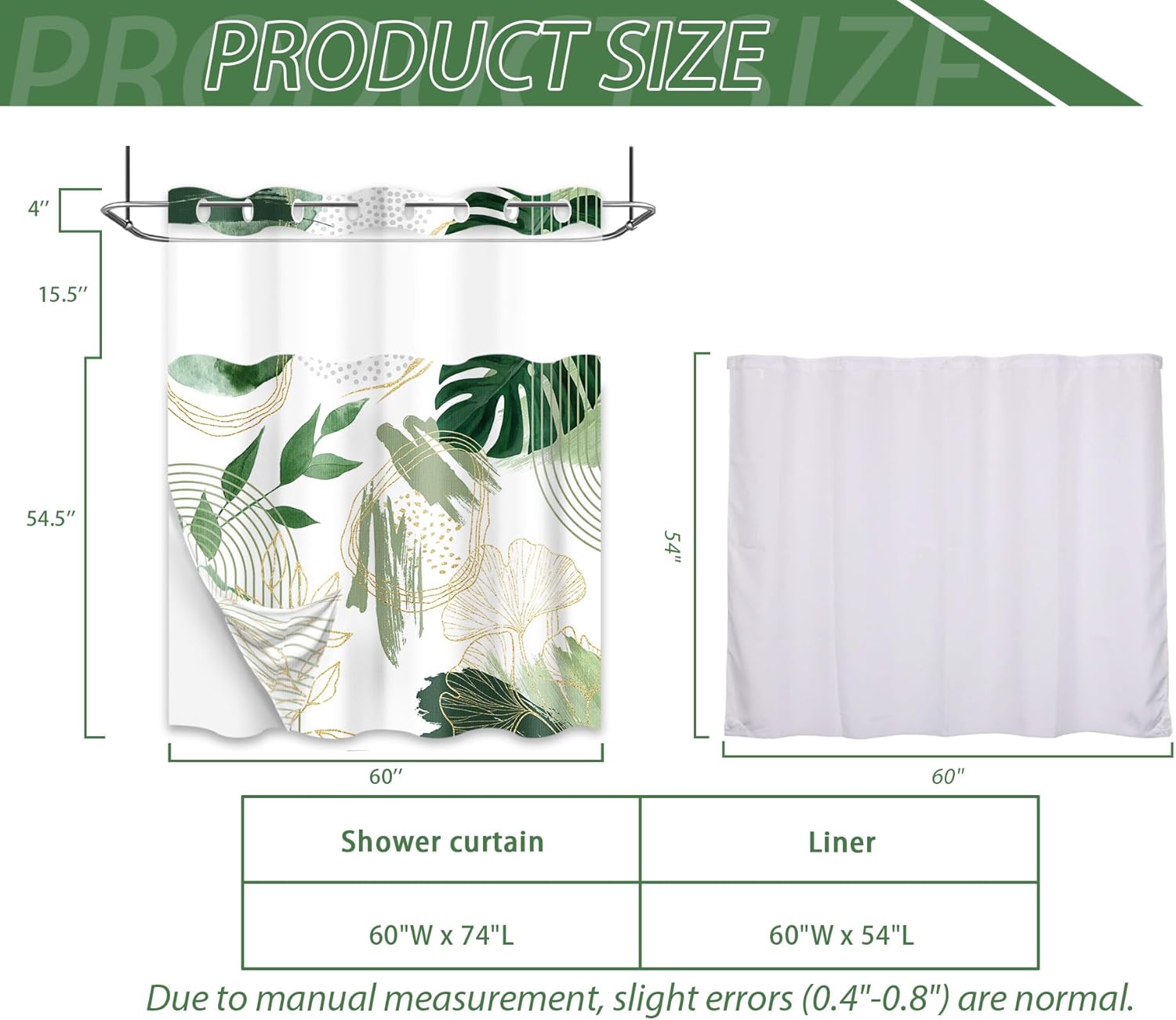Sage Green Hookless Shower Curtain with Snap in Liner, White and Olive Green Leaf No Hook Double Layer Shower Curtain and Liner Set, Ringless with Window Waterproof Cloth Fabric, 60" W x 74" L