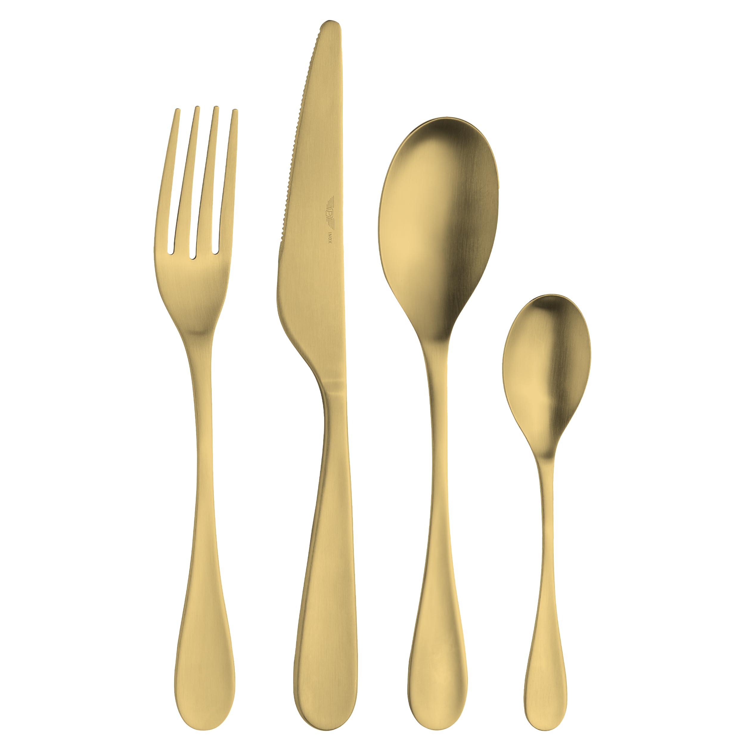 Pintinox - Drop Set de Couverts de Table pour 6 personnes, 24 pièces en Acier sans nickel Finition Or Satin: 6 fourchettes, 6 cuillères, 6 couteaux, 6 cuillères à thé, Lavables au lave-vaisselle, Gold