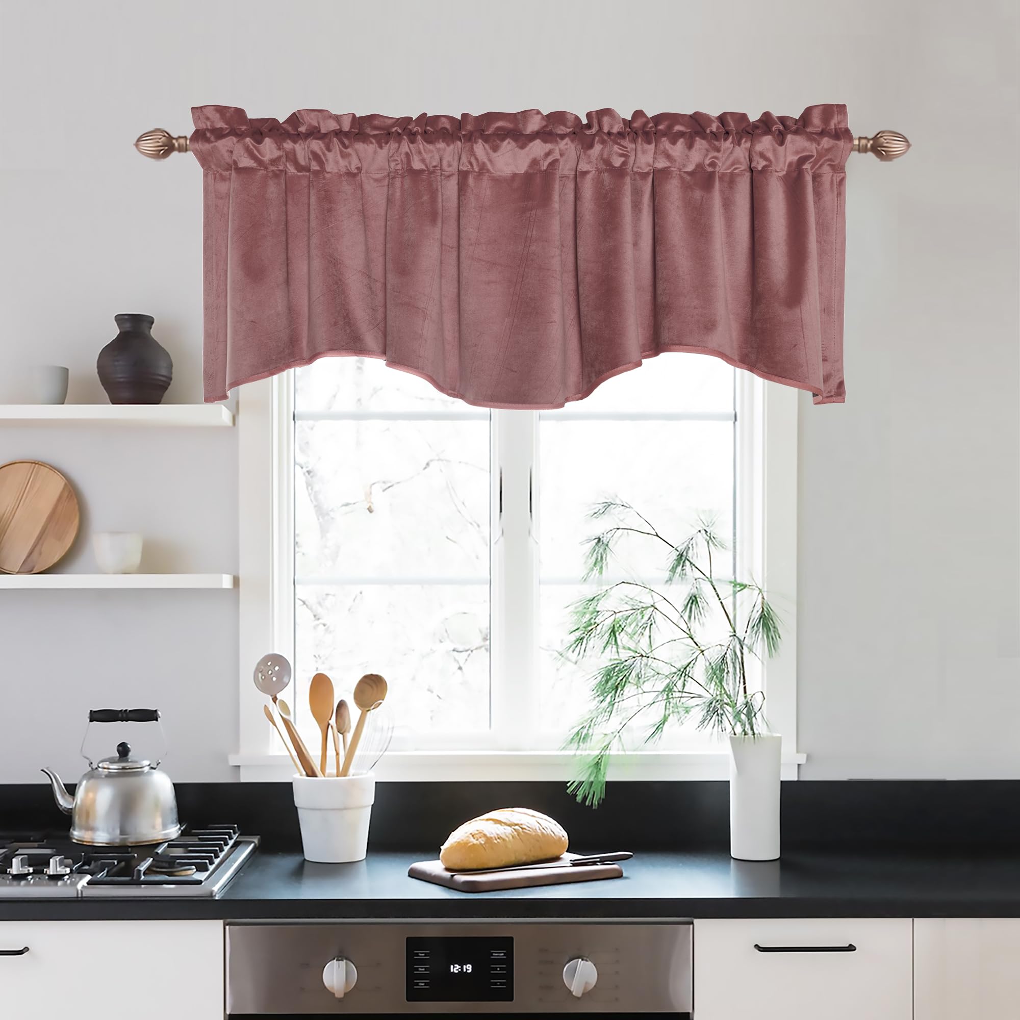 JIUZHEN Wide Rose Valances for Windows - Velvet Curtains for Living Room, Scalloped, Bedroom, Velvet Texture Tiers Window Dressing, 52" W x 18" L, 1 Panel