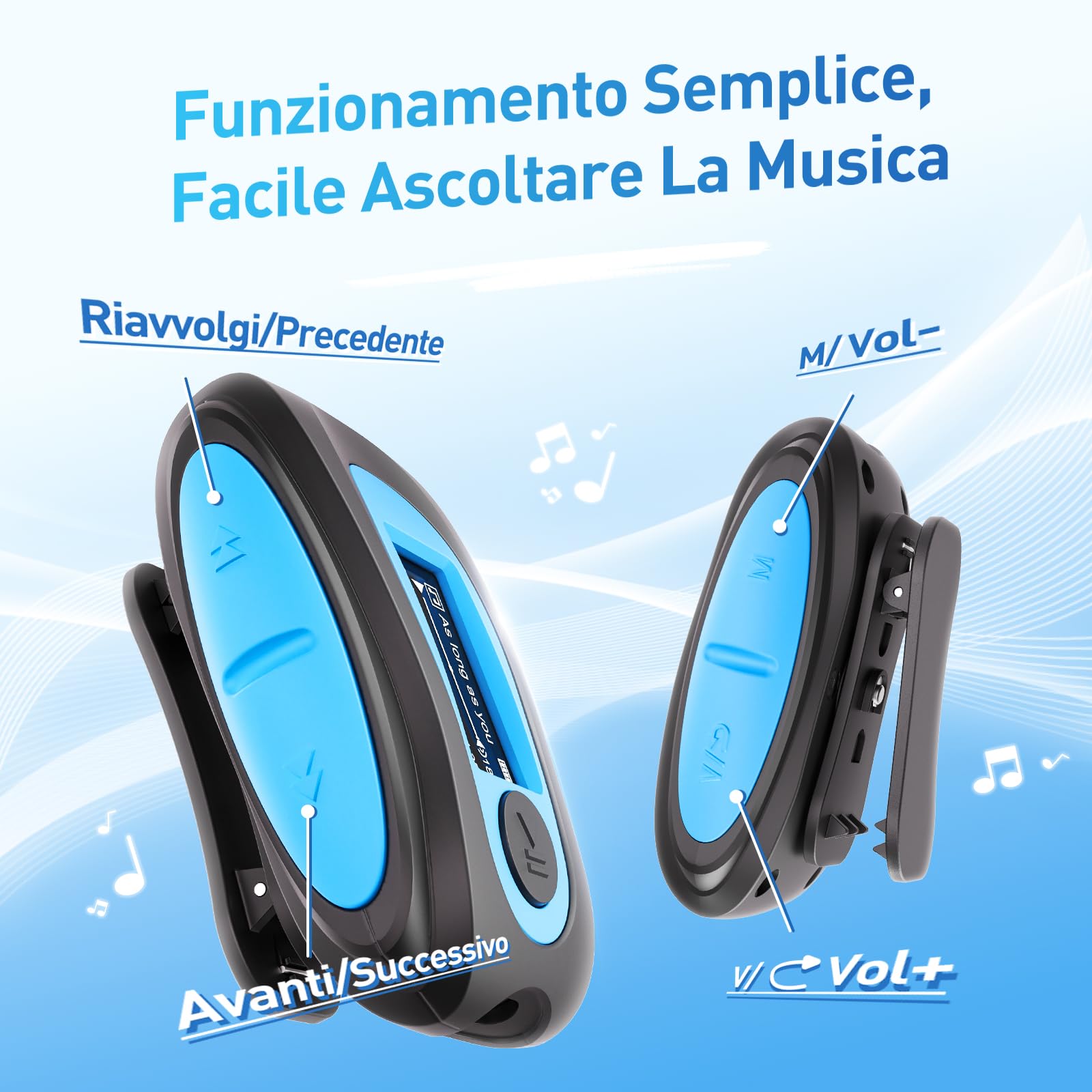 AGPTEK Lettore MP3 Impermeabile Subacqueo IPX8 con Clip Lettore Musicale da 8GB Nuoto MP3 con Auricolare,Cavo Audio e 3 paia di Tappi per le Orecchie,Supporta Radio FM,per Sport in Esecuzione Surf