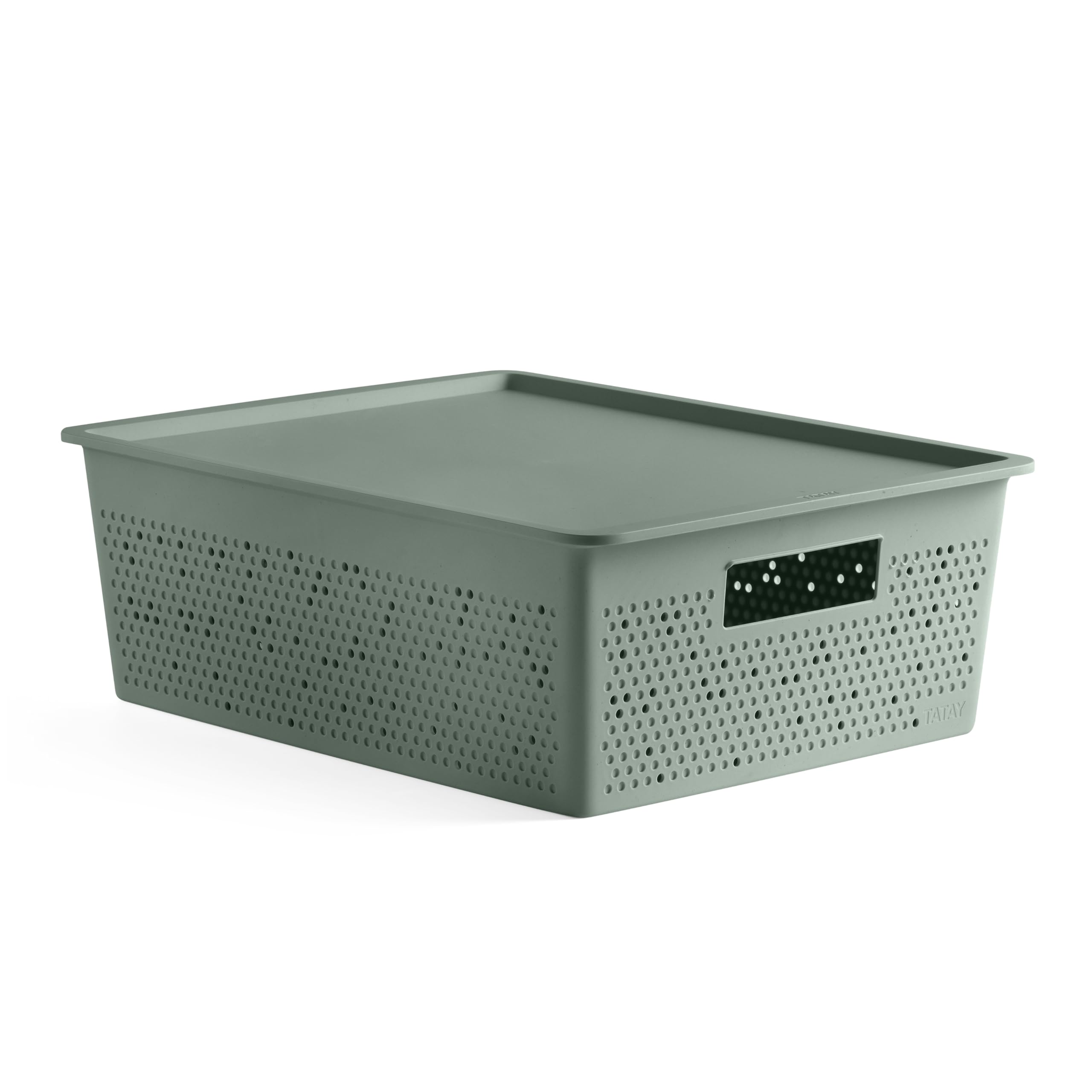 TATAY Plastic Storage Basket 12L Bohol | Organiser Box with Lid | Optimal Ventilation | Stackable Modular System | Integrated Handles | BPA-Free Recycled Plastic | 30x39x13.5 cm, Green