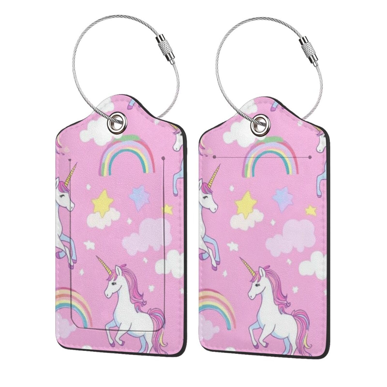 4 etichette per bagagli in pelle PU per valigie, con unicorno, arcobaleno, rosa, con anello in acciaio inossidabile, etichetta identificativa per la privacy, per donne e uomini