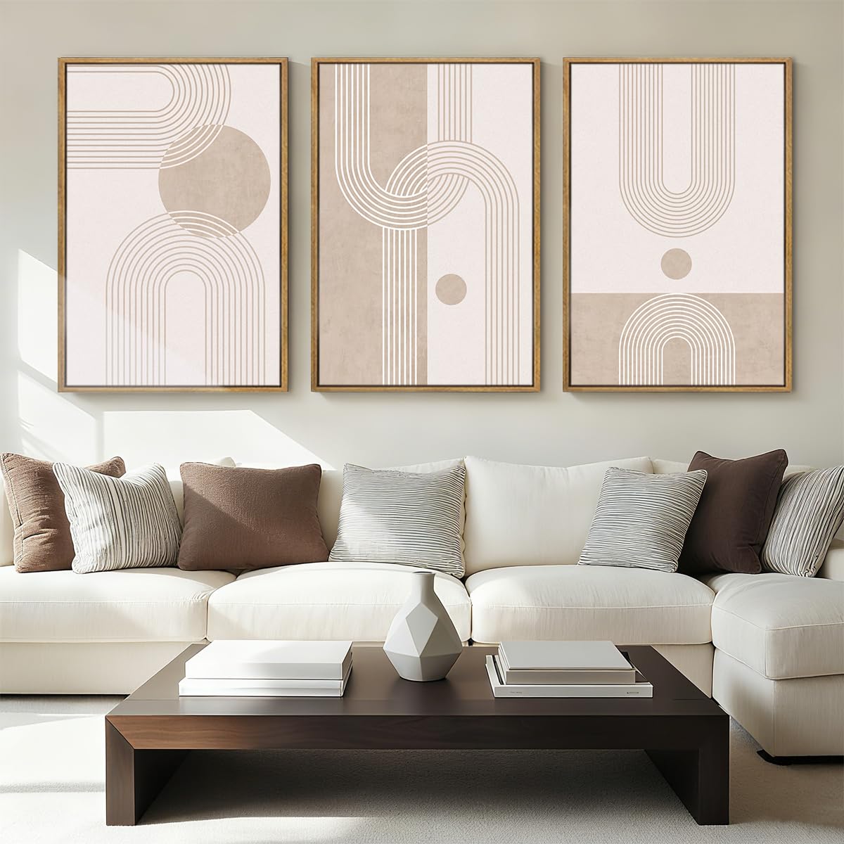 ANHUIB Extra Large Neutral Boho Abstract Canvas Wall Art Set of 3 Framed Mid Century Modern Wall Decor Beige Geometric Line Artwork Minimalist Prints 24x36 Inch Painting for Living Room Bedroom Dining Room Office