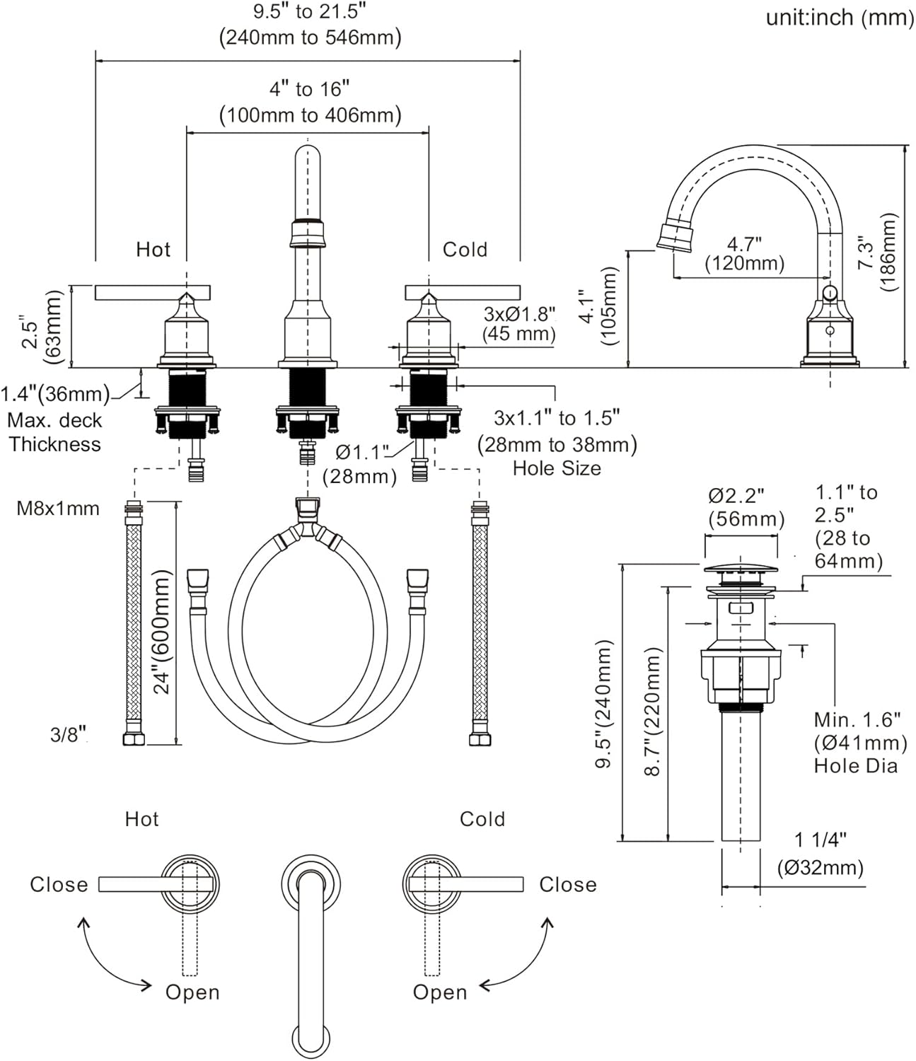 Detailed diagram showing the dimensions and installation points for the WOWOW widespread bathroom faucet and pop-up drain.