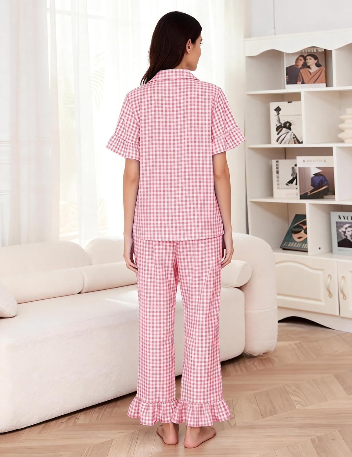 Flygo Womens Plaid Pajamas Sets 2 Piece Cotton Pj Set Ruffled Sleeve Button Down Shirt Gingham Pants Lounge Sets