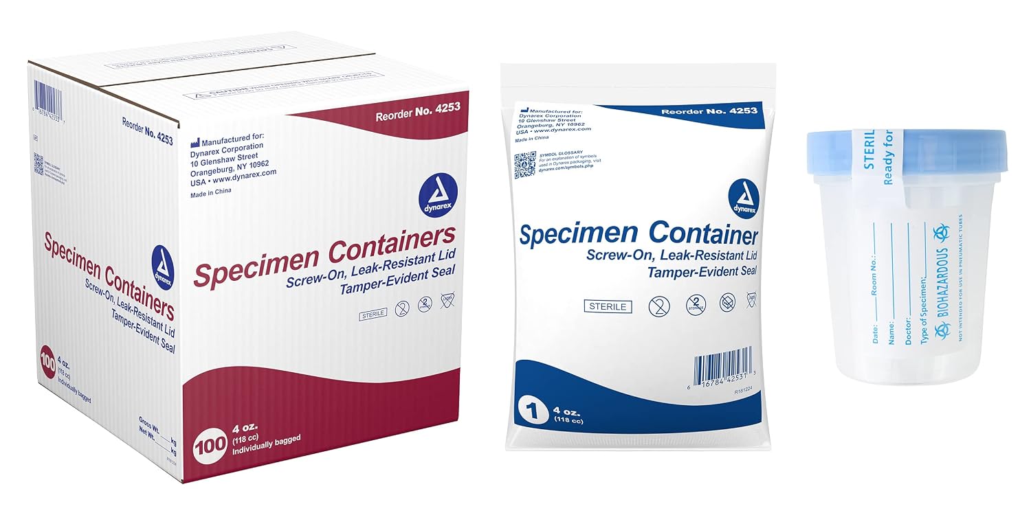 Dynarex Specimen Containers, Sterile, Individually Wrapped Specimen Cups with Lids & ID Label, Used for Drug Testing and Urinalysis, Clear with Blue Lid, 1 Box of 100 Dynarex Specimen Containers