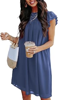 KIRUNDO Women's 2023 Summer Casual Dress Ruffle Sleeve Crew Neck Short Mini Dress Solid Loose Flowy Chiffon Shift Dresses Price In India