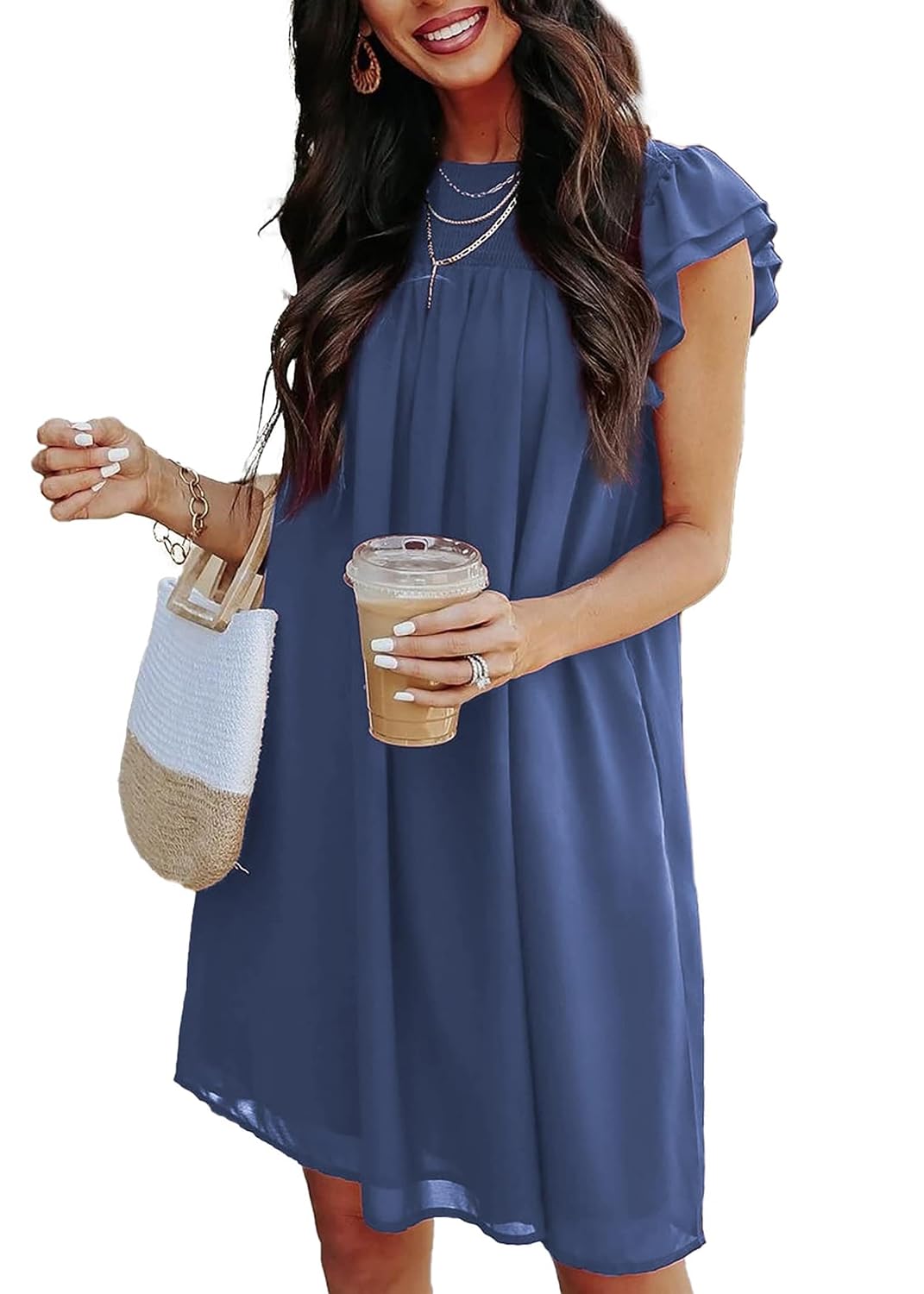KIRUNDO Women's 2023 Summer Casual Dress Ruffle Sleeve Crew Neck Short Mini Dress Solid Loose Flowy Chiffon Shift Dresses - Review, Price and Buying Guide