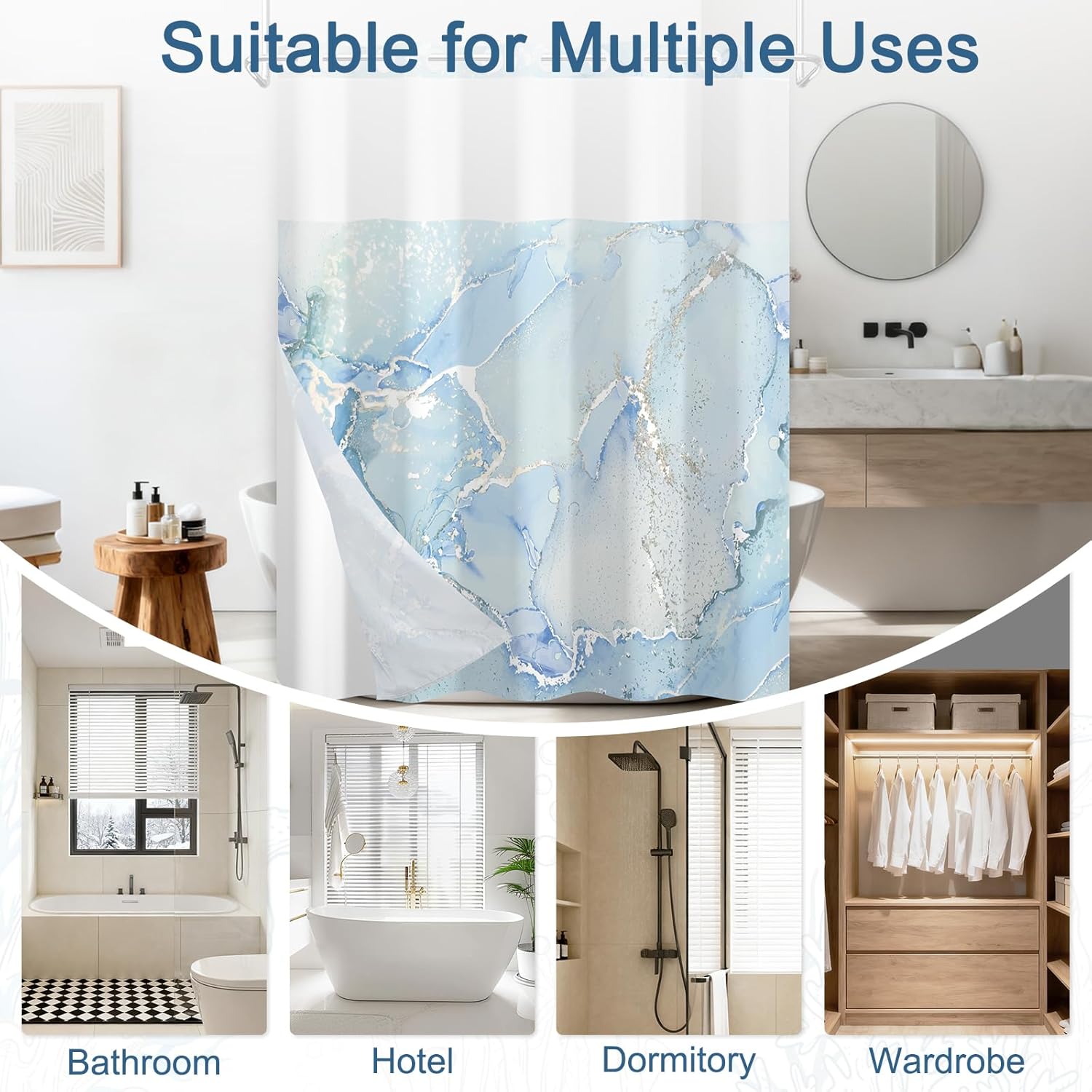 No Hook Light Blue Marble Shower Curtain with Removable Snap in Liner, Waterproof Fabric Shower Curtain with Top Mesh Window, Modern Shower Curtains for Bathroom with Weighted Hem, 71x74 Inches