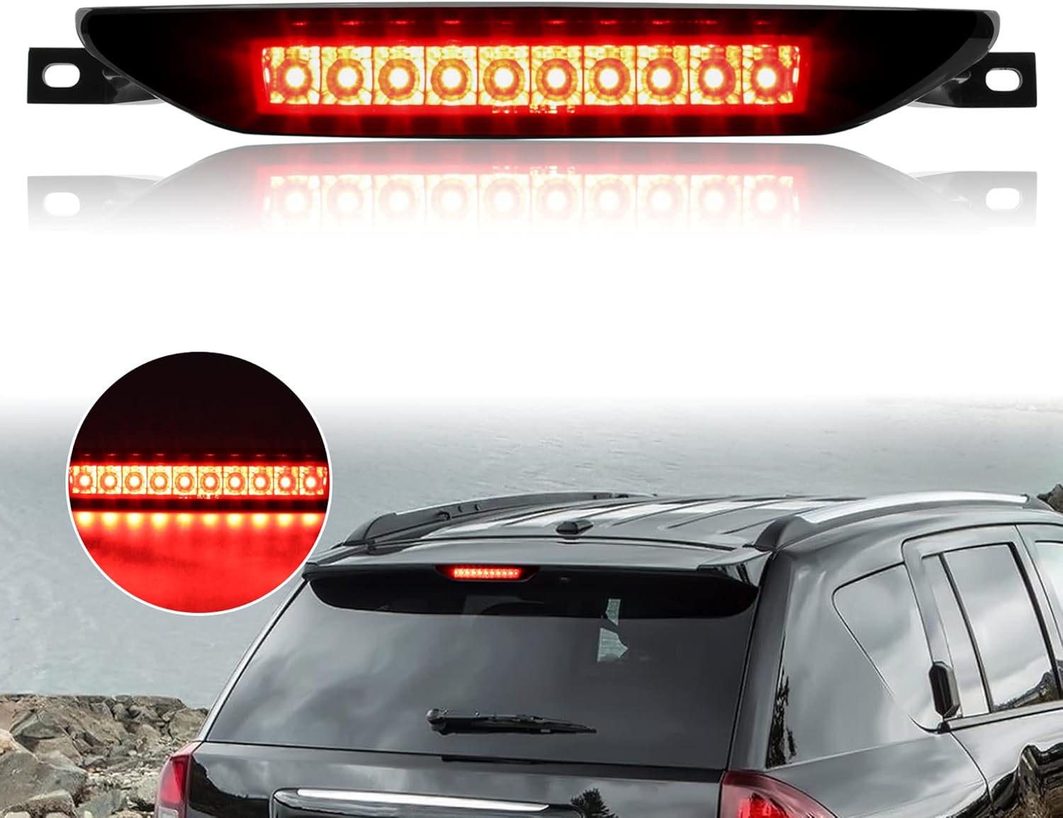 LED 3rd Third Tail Brake Light for Grand Cherokee 11-17 / Compass 07-16, KEWISAUTO Centre High Mount Stop Lamp Rear Brake Tail Light for Jeep Grand Cherokee 2011-2017 / Compass 2007-2016 Accessories