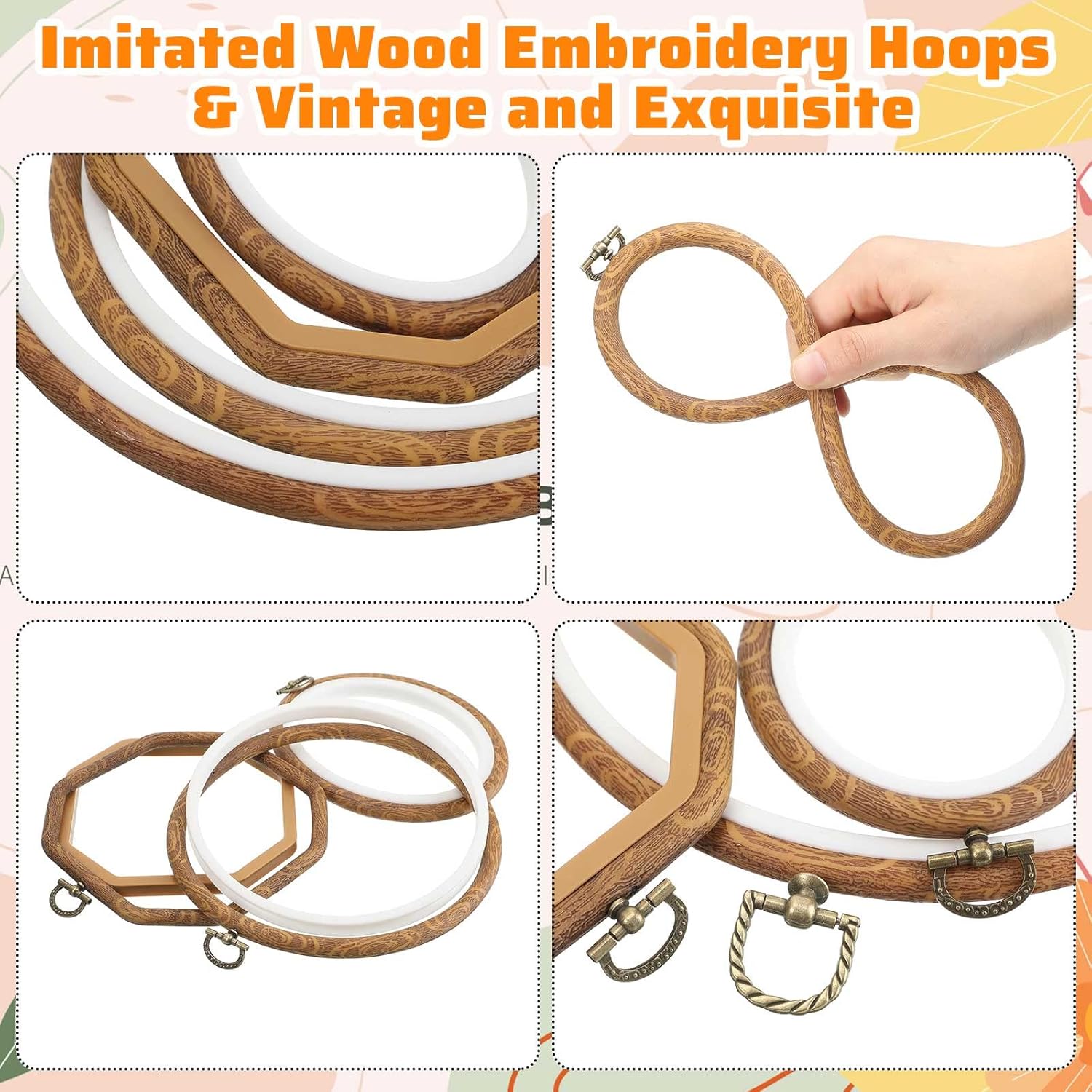 Qunclay 9 Pcs Large Embroidery Hoop Frame Decorative Imitated Wood Display Frame Circle Oval Octagonal Cross Stitch Hoop Ring for DIY Sewing Craft and Hanging Ornaments Decor (Mixed Shape)