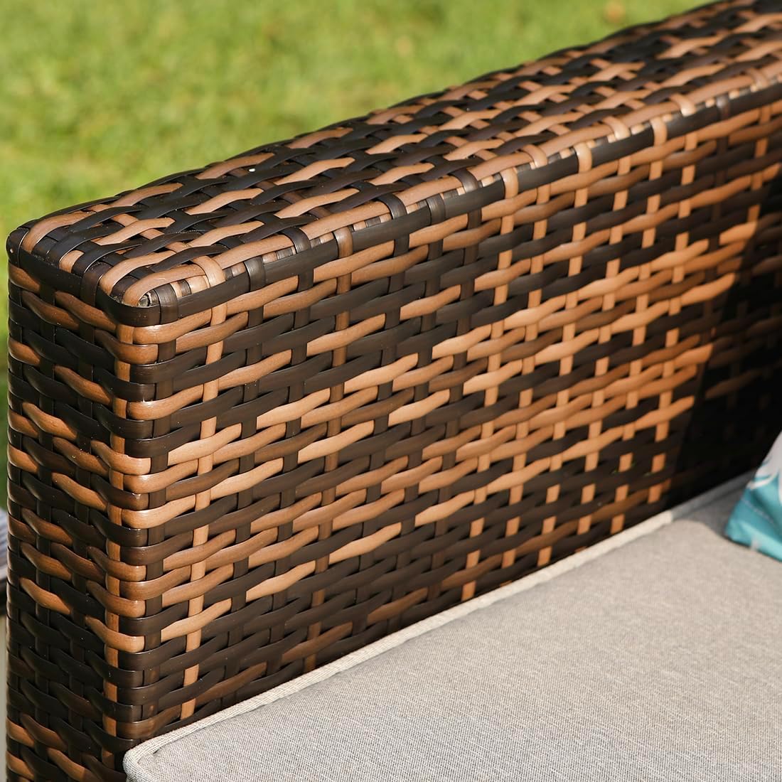 COSIEST All-Weather Patio Chair, Single Brown Wicker Chair with Thick Gray Cushions & Teal Pillow, Outdoor Rocking Chair for Porch, Garden, Poolside