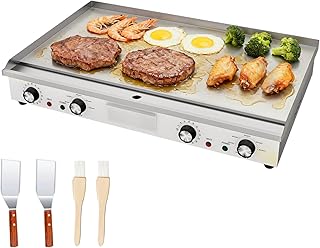 Plancha Eléctrica Comercial, Plancha Eléctrica de acero inoxidable Profesional, superficie de grill lisa de 73cm, Control de Temperatura 50 a 300 °C, con 2 Palas y 2 Cepillos
