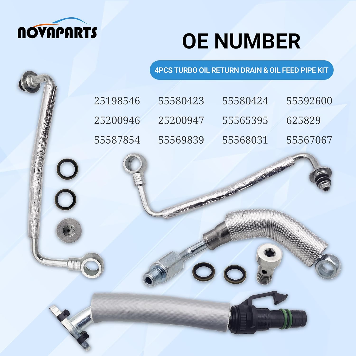 NOVAPARTS 55587854 4PCS Turbo Oil Return Drain Line & Oil Feed Pipe Kit for 2011-2021 Chevy Cruze Sonic Trax Buick Encore 1.4L - Replaces 25198546 55592600 55568031