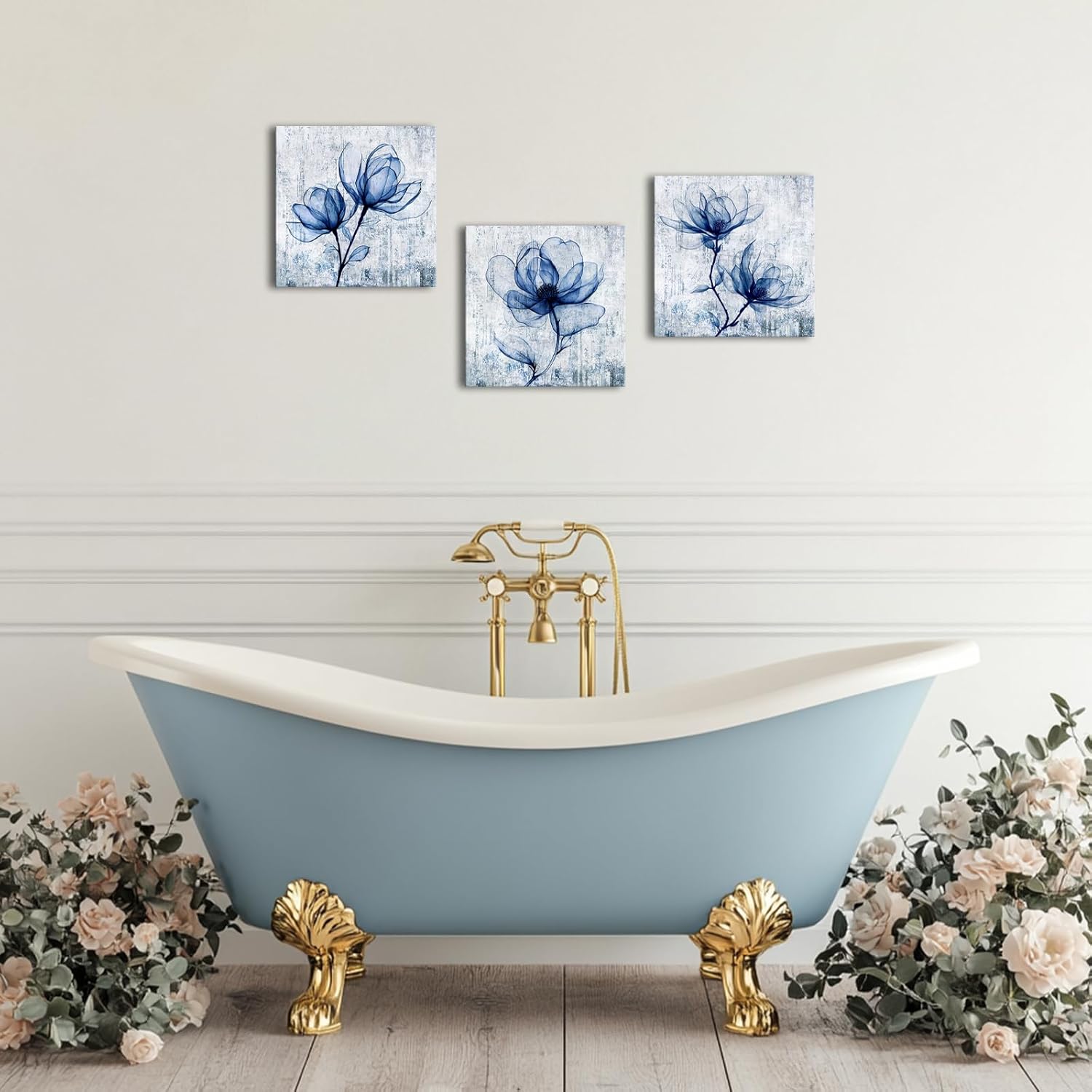 VANSEEING 3 Pieces Floral Wall Art Canvas Prints Vintage Magnolia Flower Navy Blue Wall Decor Botanical Painting Plants Pictures Artwork Decoration for Bathroom Bedroom 12"x12"x3
