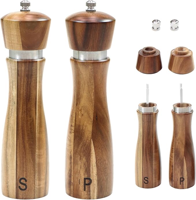 8-Inch Acacia Wood Salt and Pepper Grinders with Adjustable Ceramic Mechanism,Refillable Mills for Fine or Coarse Spices