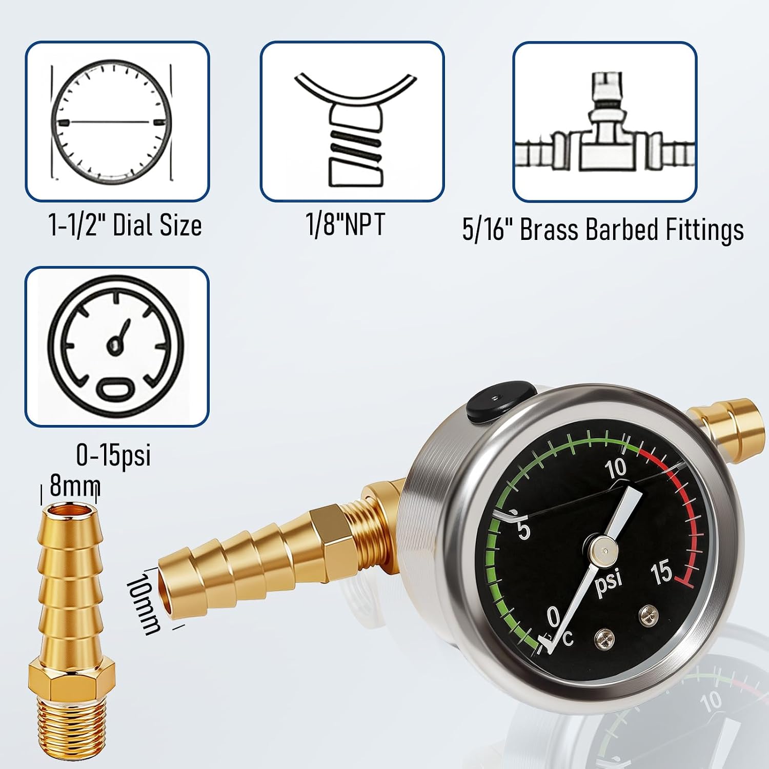 Fuel Pressure Gauge Kit, 0-15psi Glycerin Filled Fuel Pressure Gauge Kit, 1-1/2" Dial Size Fuel Pressure Gauge for Car, 1/8'' NPT Inline Fuel Pressure Gauge with 3/8'' 5/16'' Barb, Back Mount