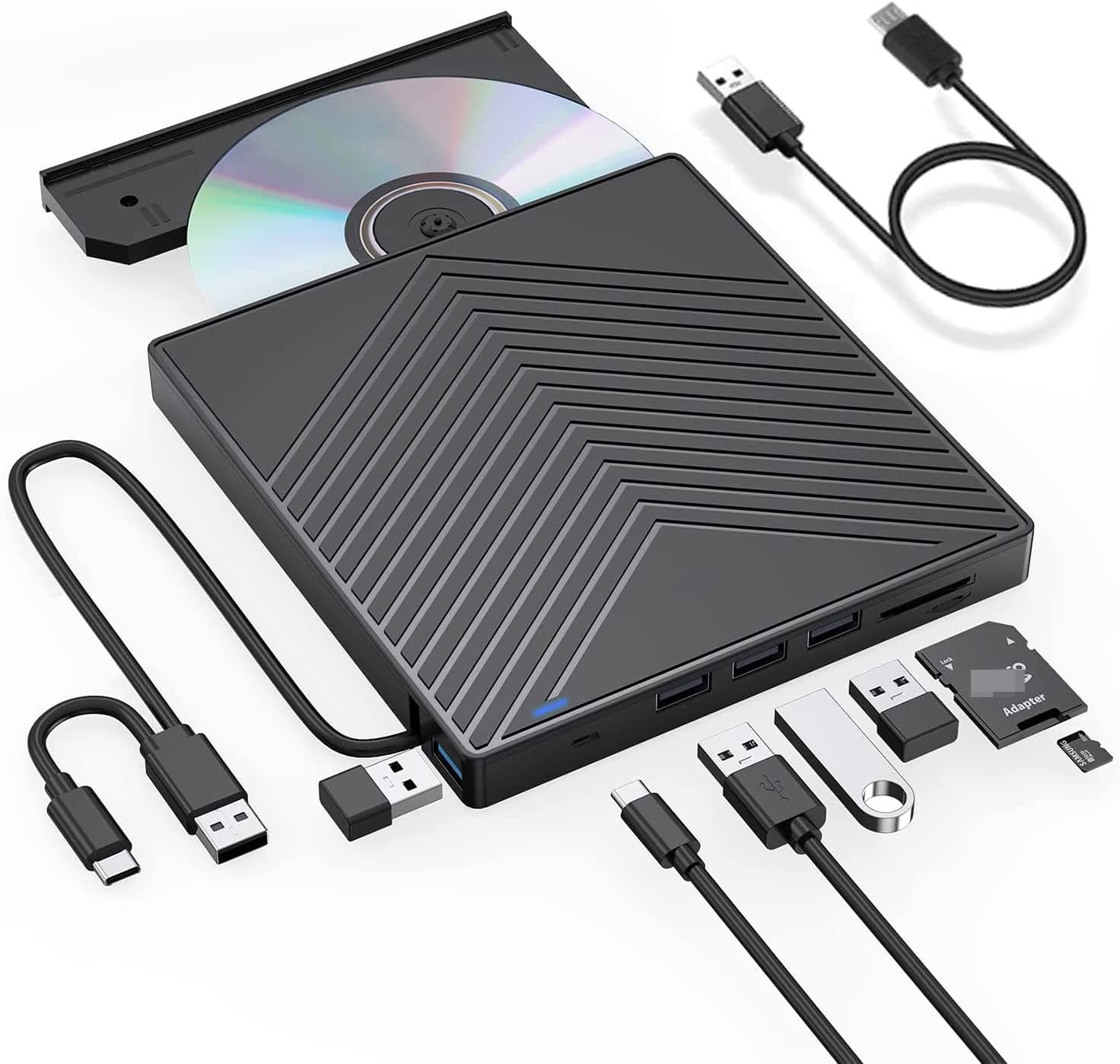 [8 in 1] External CD DVD Drive, External CD Burner USB 3.0 & Type C Optical Drive with 4 USB Ports and 2 TF/SD Card Slots, Optical Disk Drive for Laptop, PC Windows 11/10/8/7 Linux OS