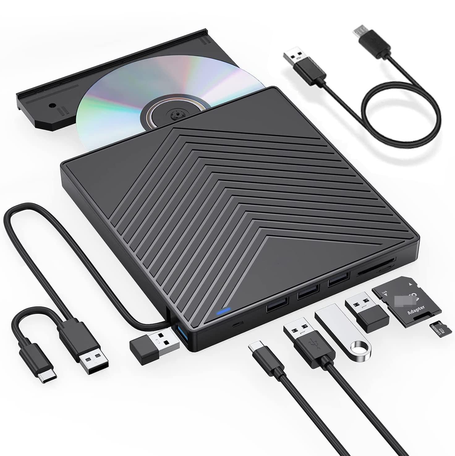 [8 in 1] External CD DVD Drive, External CD Burner USB 3.0 &amp; Type C Optical Drive with 4 USB Ports and 2 TF/SD Card Slots, Optical Disk Drive for Laptop, PC Windows 11/10/8/7 Linux OS