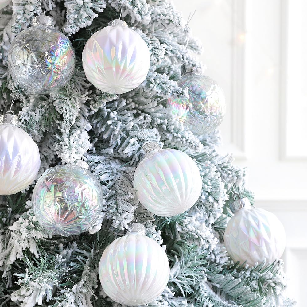 Juego de 9 bolas decorativas blancas iridiscentes de Navidad de 3.15 pulgadas, plástico transparente inastillable, adornos colgantes para decoración de árbol de Navidad, interiores, hogar, Acción de