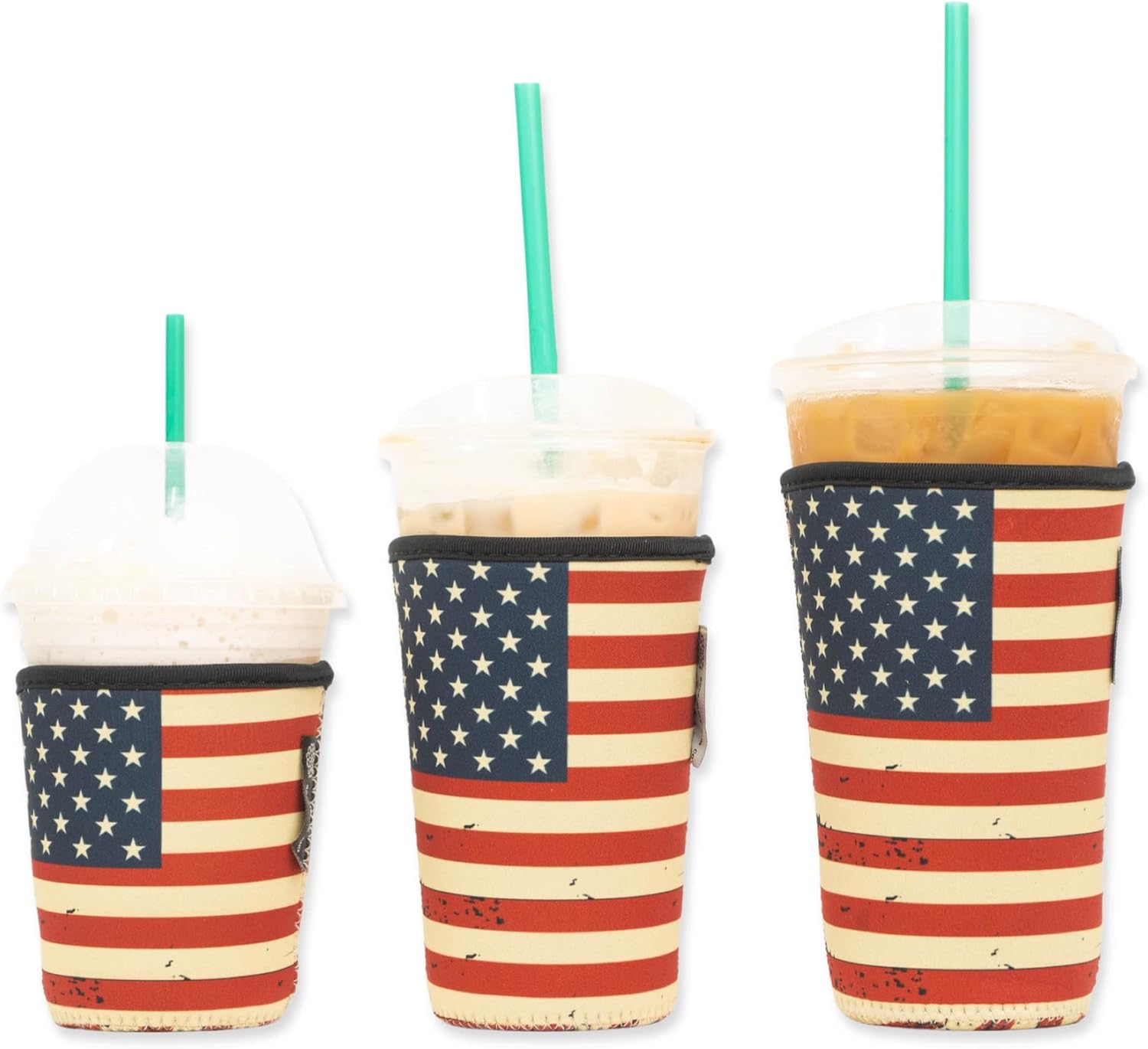 BAXENDALE AND CO Iced Coffee Sleeve for Cold Drink Cups - 3 Pack - Neoprene Iced Coffee Sleeve Cup Sleeves for Cold Drinks Reusable - Compatible with Starbucks, Dunkin (3 PK Sm-Med-Lg, American Flag)