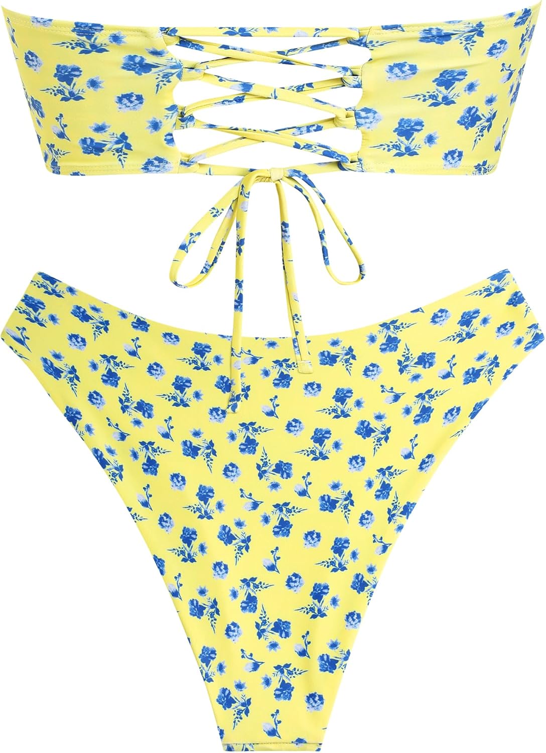 ZAFUL Women's High Cut Bandeau Bikini Set Strapless Solid Color 2 Pieces Bathing Suit Swimsuit